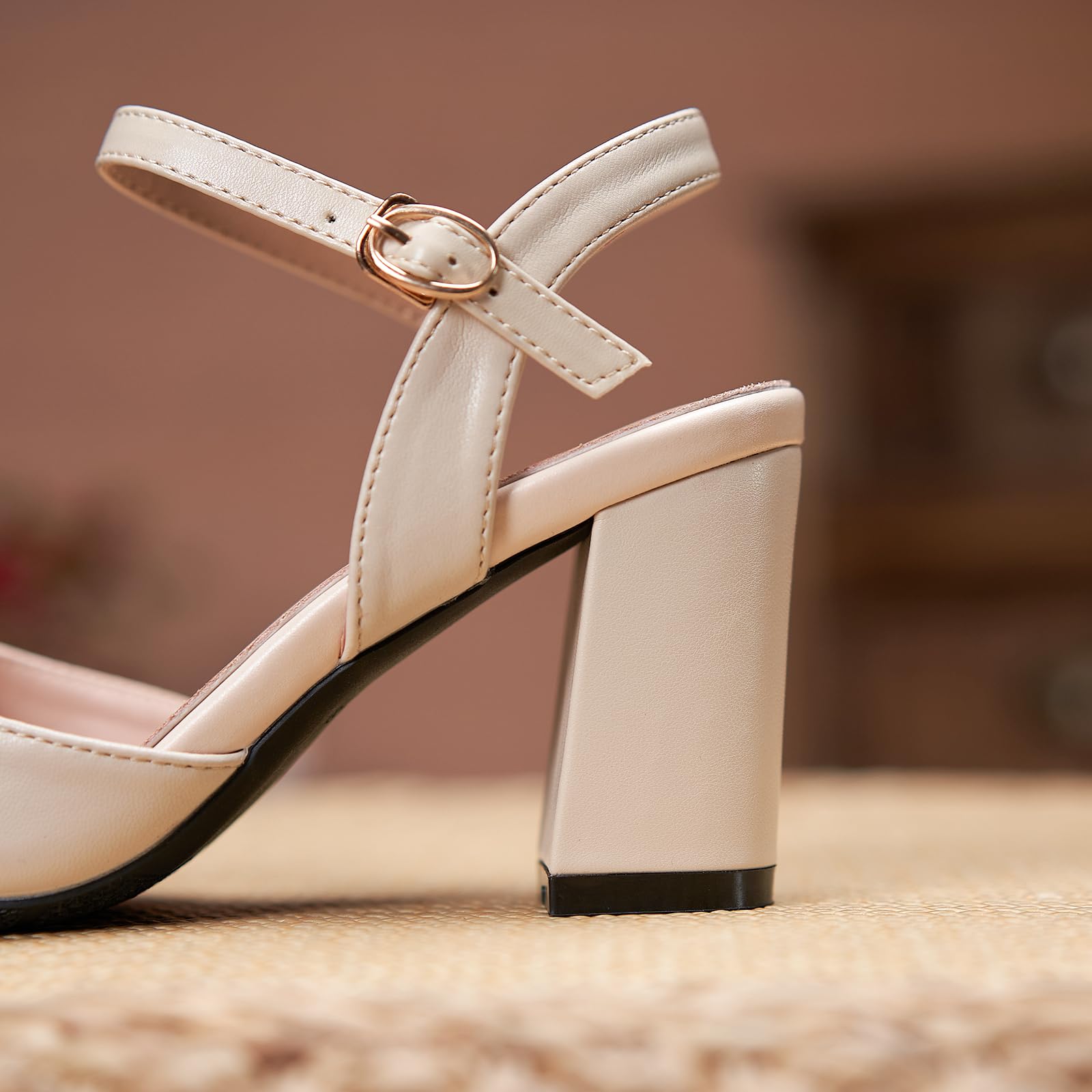 Zapatos Clásicos De Punta Fina Ancho 5cm/7cm Tacón De Bloque con Hebilla Dorada Y Tobillera Tallas 34-44