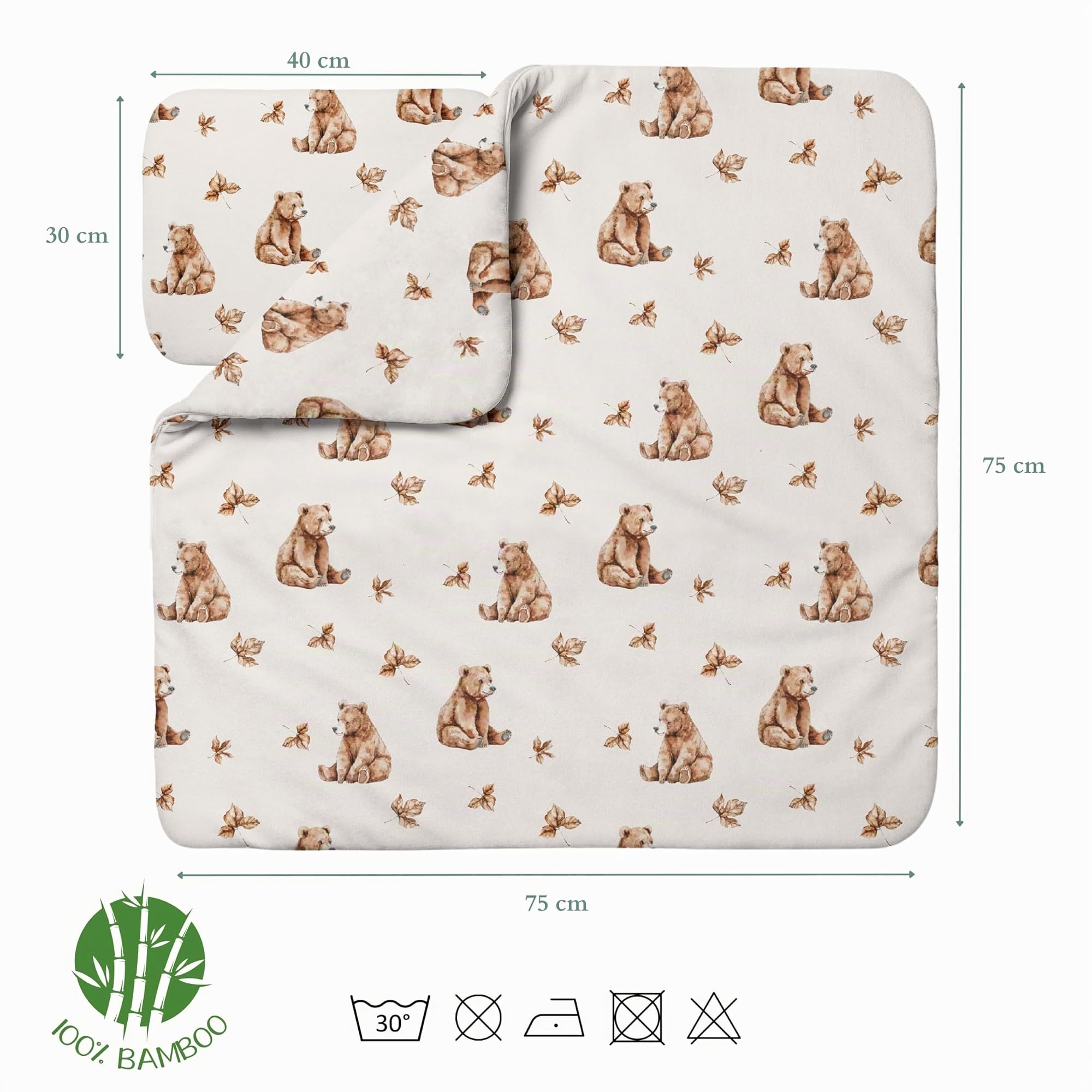 waldin Babybettwäsche Bambus Viskose Set ohne Bezug, Bärchen/Beige | Hypoallergen, Atmungsaktiv, Thermoregulierend und Antibakteriell, Decke und Kissen mit Füllung, für Jungen und Mädchen