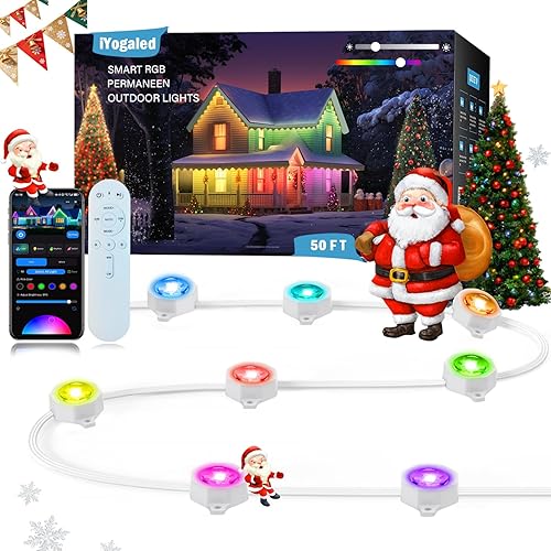 Luces permanentes al aire libre para casa, 50 pies, luces de alero permanentes RGB para exteriores con 63 modos de escena, iluminación LED