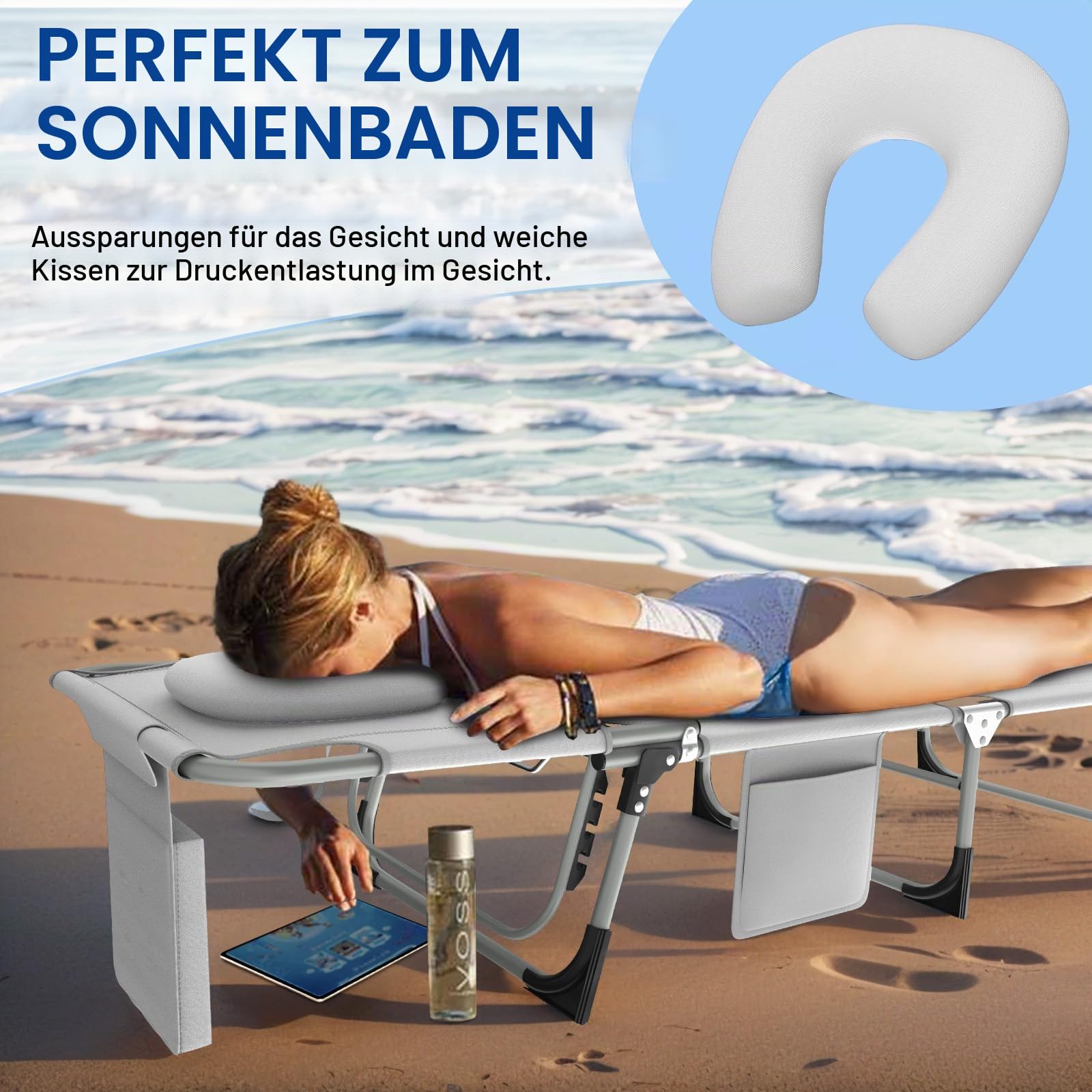 Sonnenliege mit Gesichtsöffnung,Klappbare Gartenliege,Liegestuhl mit U-Kissen&3-Fach Verstellbarer Rückenlehne,Gartenstuhl,Strandliege,Relaxliege Faltbar für Sonnenbaden,Strand,Garten,Camping,Hellgrau