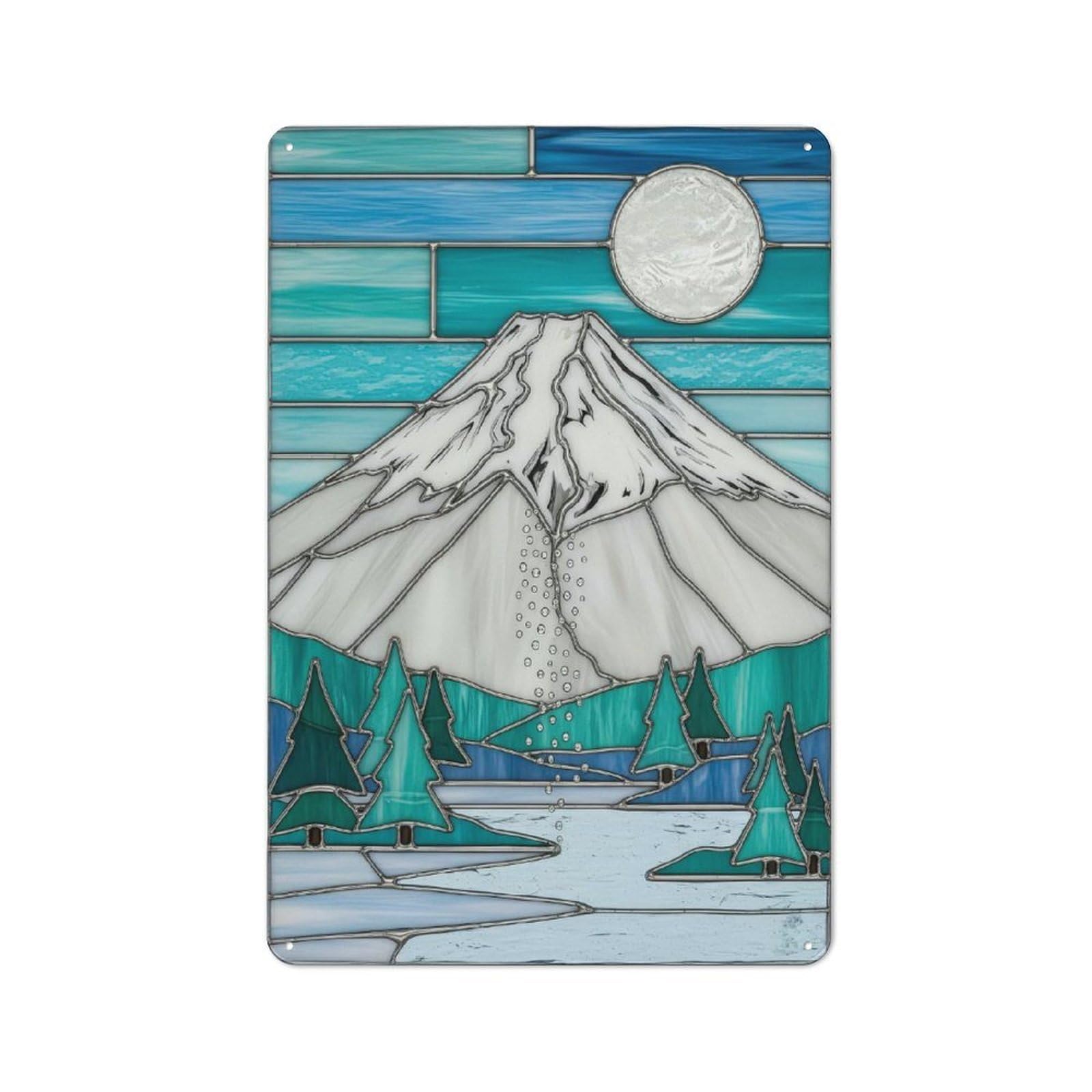 Junmoney Style-24 Mountain Landscape Stained Glass Rustic Metal Sign 30X20cm, Barn Style Farmhouse Wall Decor For Kitchen, Cottage, Porch Or Garden Room