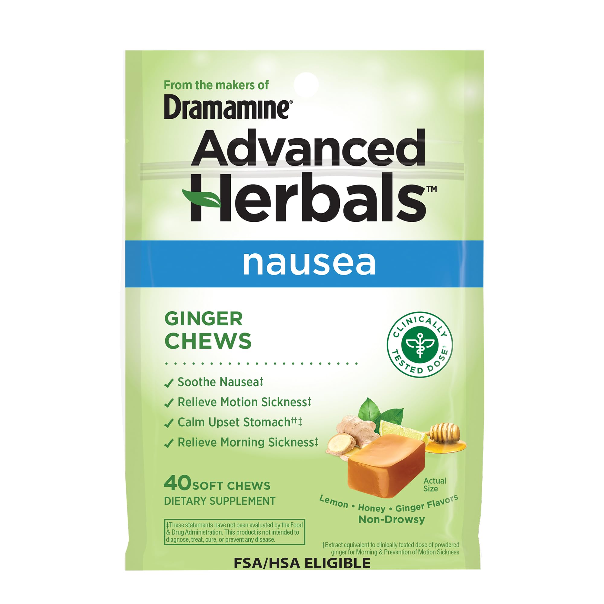 from The Makers of Dramamine, Advanced Herbals Ginger Chews for Nausea Relief, Morning Sickness Relief & Motion Sickness Relief During Travel, Lemon-Honey, 40 Count