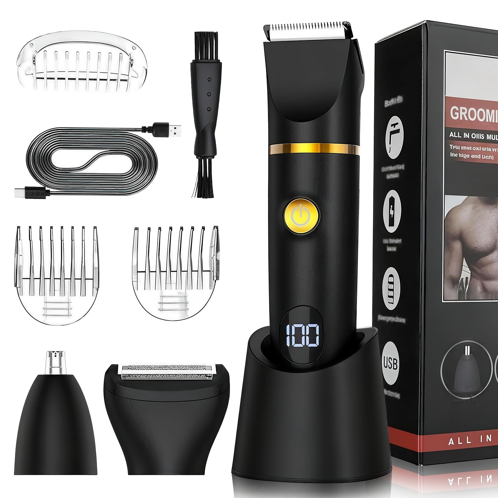 Rasoio elettrico 3 in 1 da uomo, indolore, versatile, ricaricabile tramite USB, con 3 teste, 3 pettini, kit rasoio elettrico impermeabile IPX6 con display digitale a LED, per la cura di barba, petto