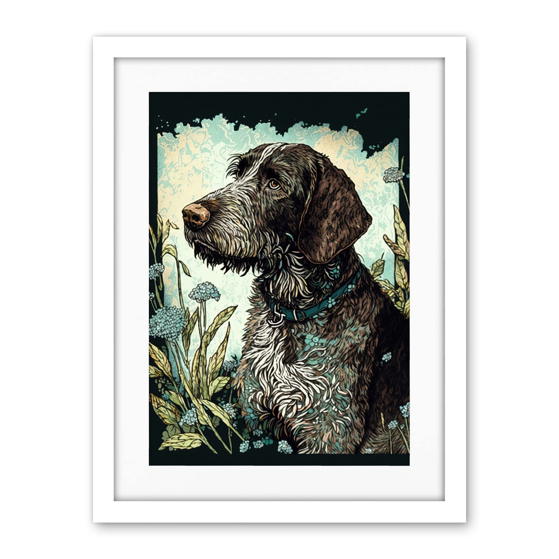 Artery8 German Wirehead Pointer Dog and Blue Wildflowers Modern Portrait Illustration Artwork Framed Wall Art Print 18X24 Inch