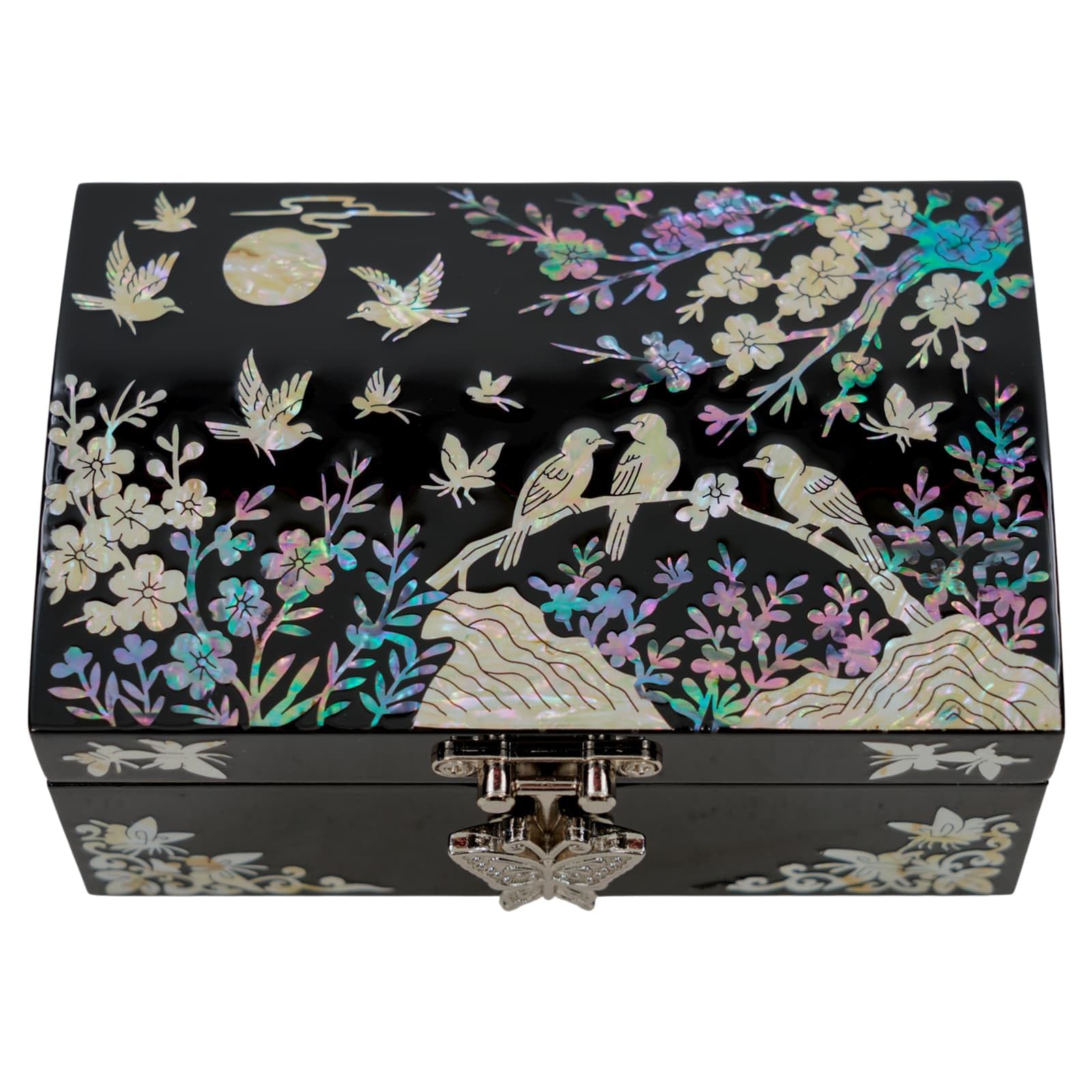 February Mountain Perlmutt Kleine Schmuckschatulle mit Spiegeldeckel, Schmuck-Organizer für Ohrringe, Halsketten, Ringe, Armbänder und Accessoires, Geschenke für Frauen, die alles haben (Birds)