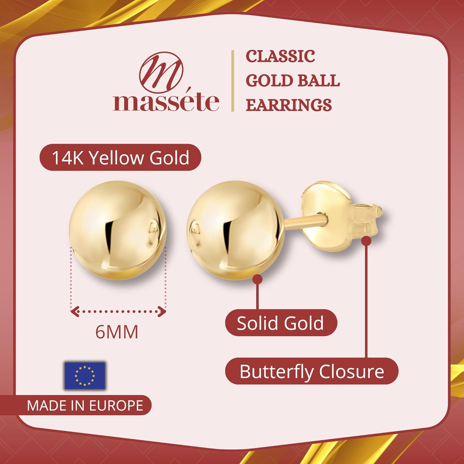 MASSETE Gold Ball Stud Earrings for Women and Girls | 10k, 14k | White Yellow or Rose Gold | 5mm -12mm | Nickel Free