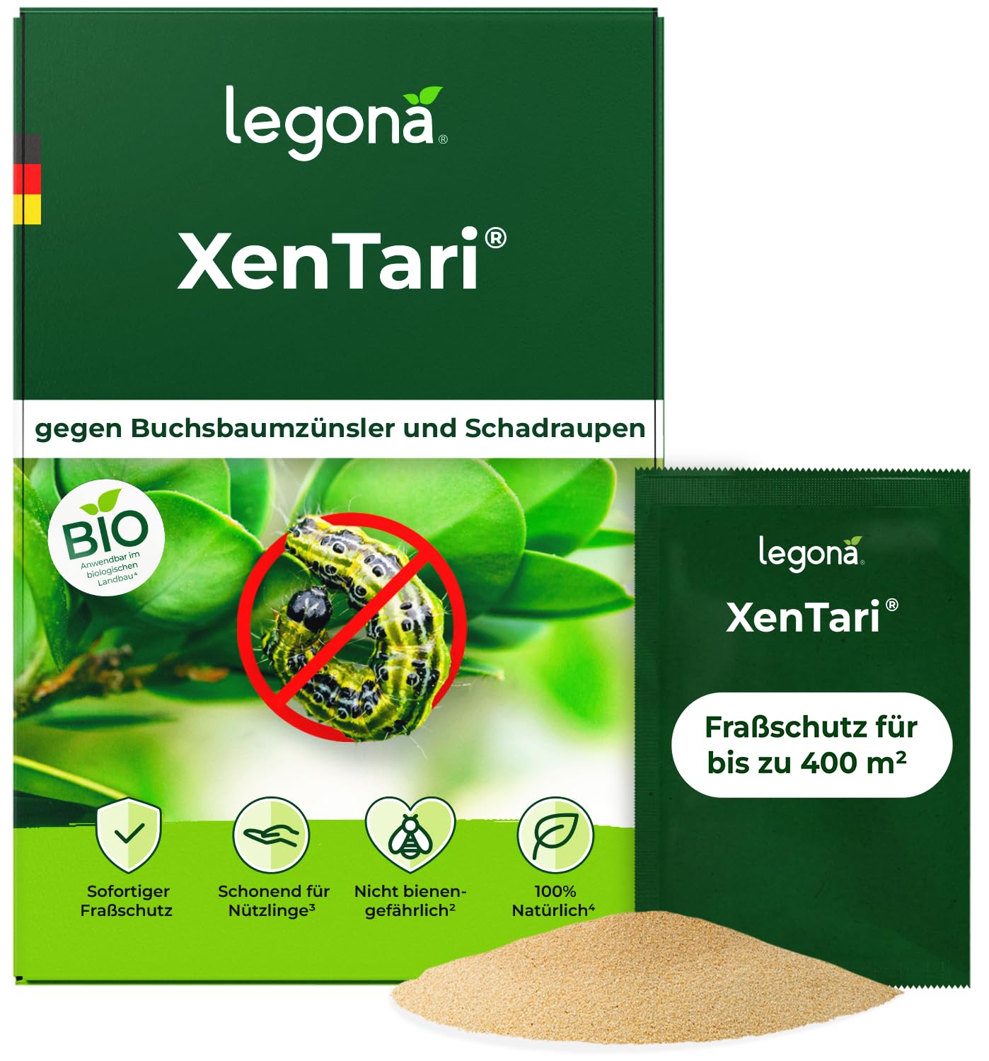 Legona XenTari Buchsbaumzünsler Spritzmittel, 10 x 2 g, bis zu 400 m², Bacillus thuringiensis, Zünslerfrei und Raupenfrei