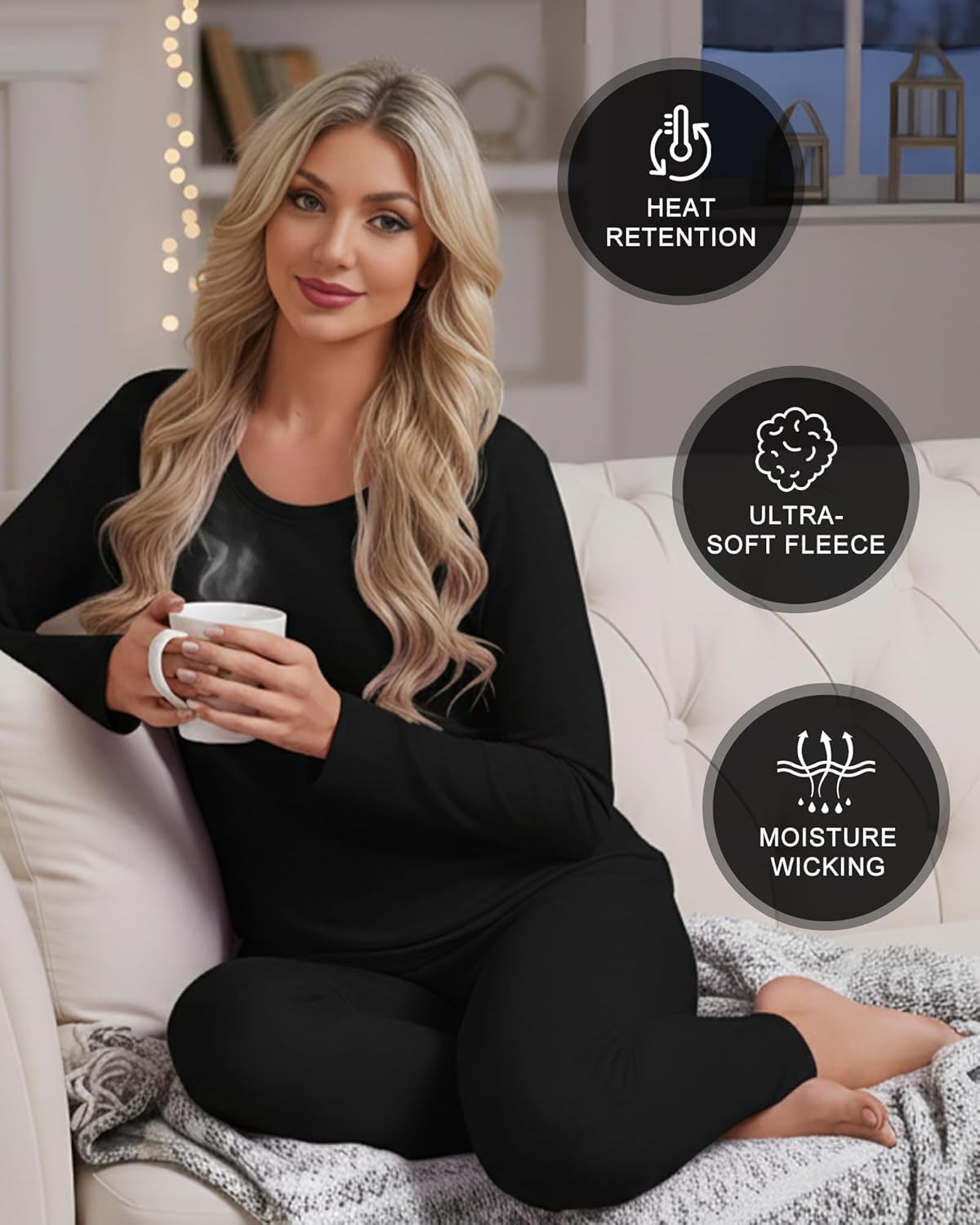 Patelai 2 Sets Thermal Underwear for Women Warm Fleece Lined Base Layer Skiing Top and Bottom Pajama for Cold Weather - Image 6