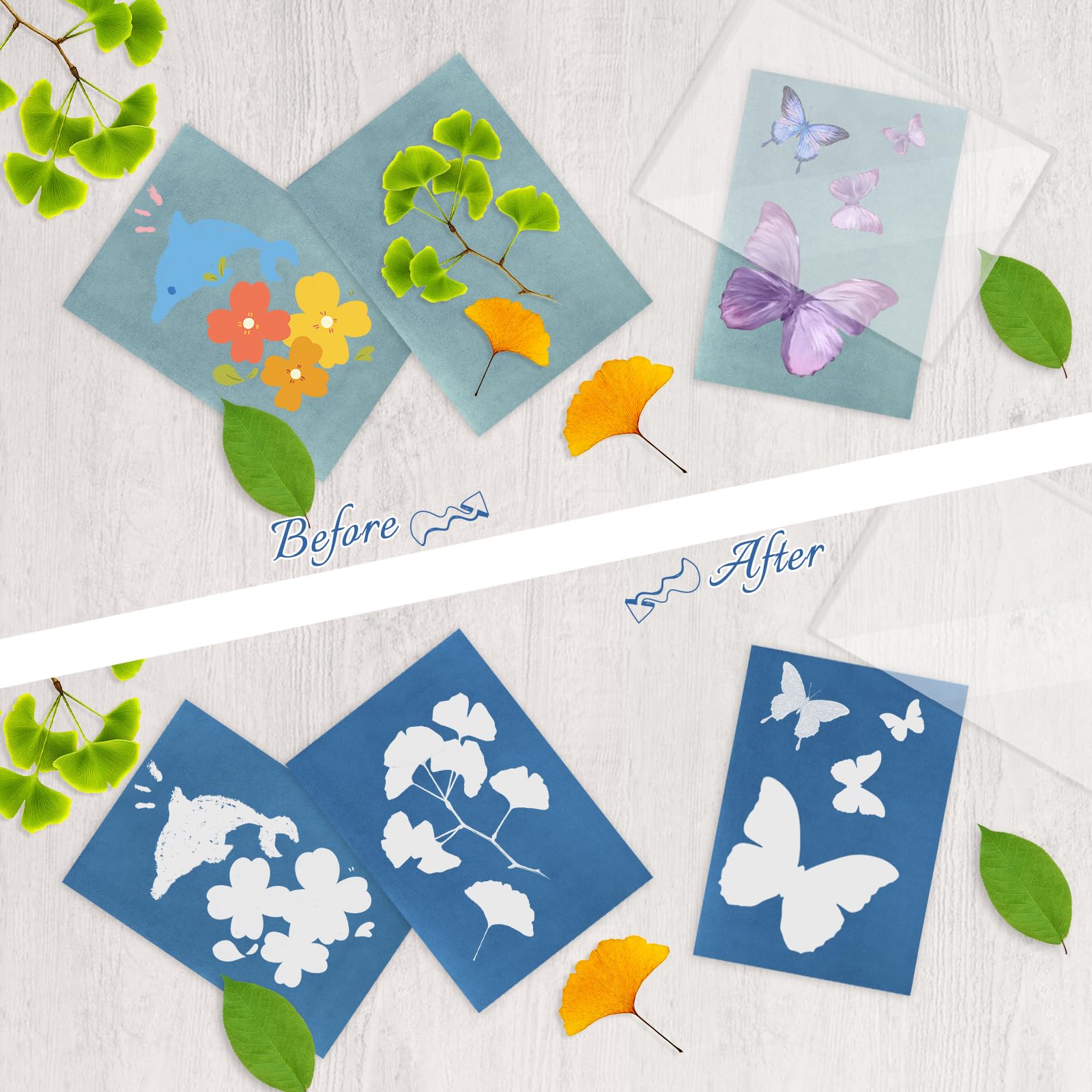Kit De Cianotipia De 36 Hojas A5, Papel De Impresión Solar Con Mariposas, Hojas Y Plumas – Manualidad Creativa Para Niños Y Adultos Al Aire Libre