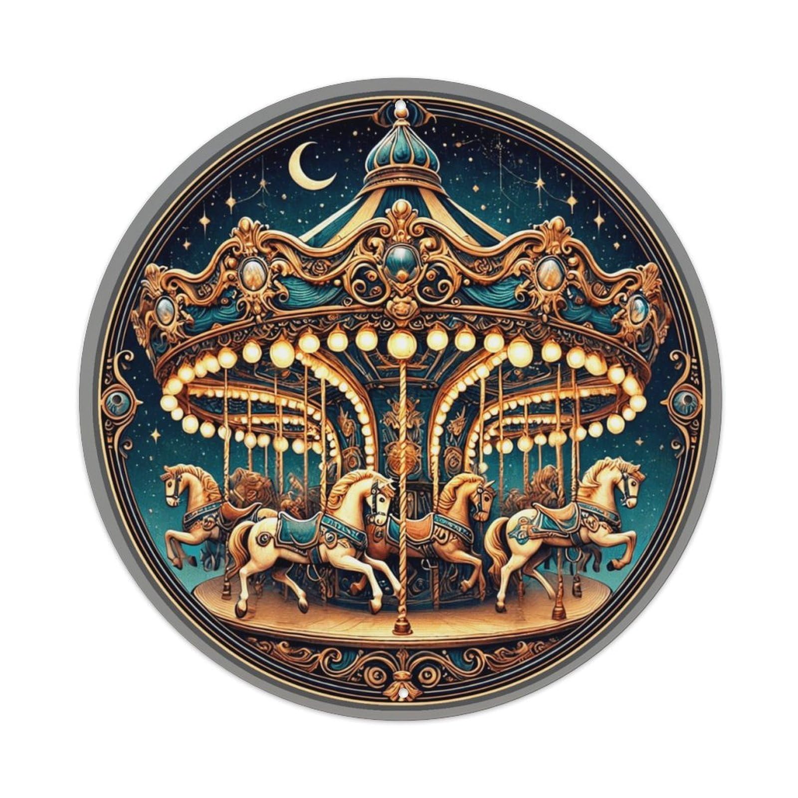 Ornate Carousel Under Starry Night Vintage Metal Tin Sign Retro Wall Decor for Home Bar Garage Cafe, Indoor & Outdoor Decorative，circle Metal Poster, 8x8 Inch