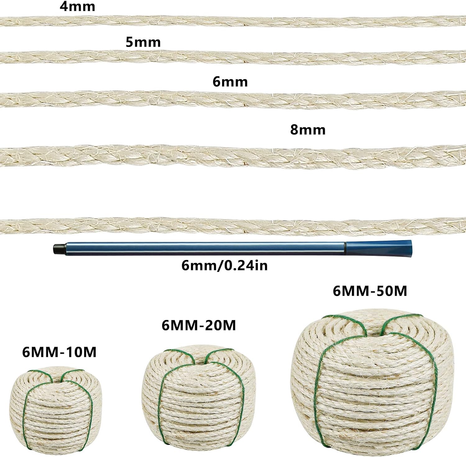 O'woda Cat Natural Sisal Rope for Scratching Post Tree Replacement, 1/4 inch Diameter, Natural Dyes, for Repairing, Recovering or DIY Scratcher, Hemp Rope for Cat Tree Tower (66Ft, White)