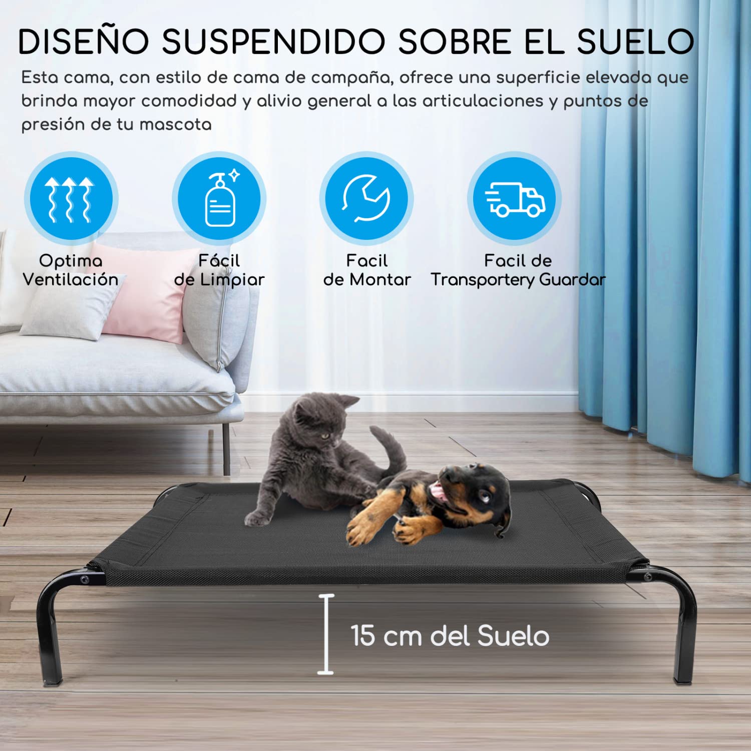 Nobleza Cama Elevada para Perros y Gatos, Transpirable Mascotas Catre Elevado Dormir Relax Interior Exterior, Portatil Camping Perro Cama, Impermeable Textilene y Marco Acero, 68 * 55 * 15cm