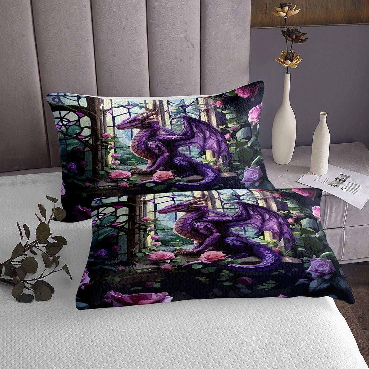 jejeloiu Purple Dragon Bedspread 2 Pieces Twin Size Coverlet Set Soft Cozy Lightweight Quilted Coverlet for All Season with 1 Pillowcase