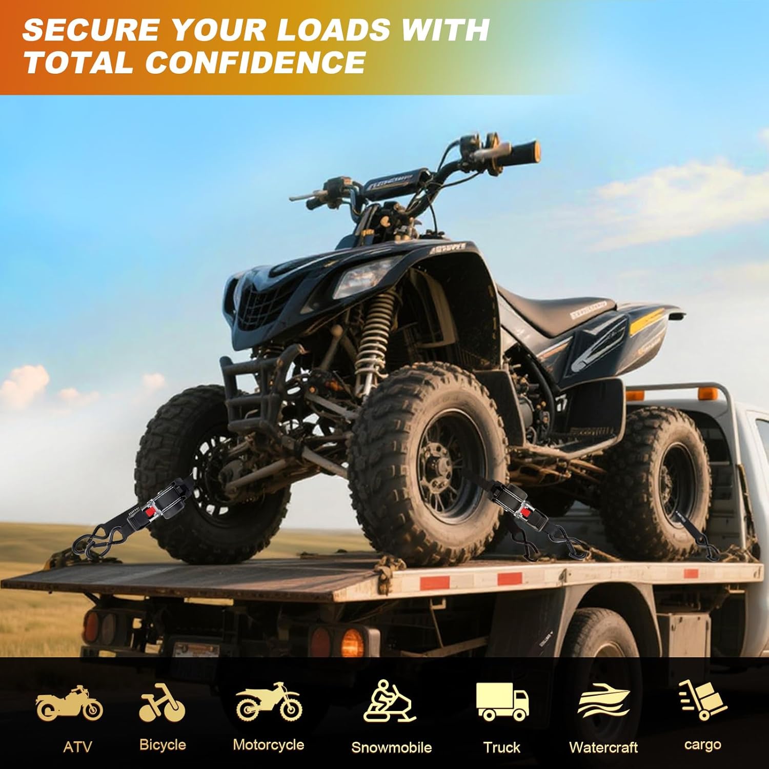 Retractable Ratchet Straps (4-Pack) - 1 Inch x 10 Feet (1,650lb Break Strength) - Heavy Duty Auto Self Retracting Tie Down Straps for Truck, Cargo Trailer, Motorcycle, ATV, UTV - Black