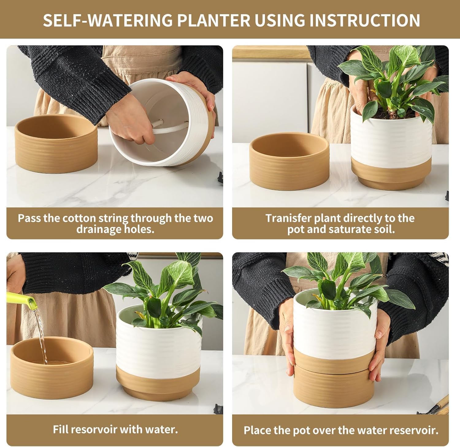HASENSE Ceramic Plant Pot with Saucer, 6 Inch Planter White Flower Pot for Succulents,for Indoor Plants with Drainage Hole, Snake Plants & Cactus, Modern Decor Gift for Mom