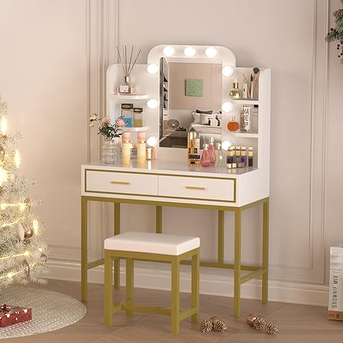 Miniatura 7 de Mesa de tocador, escritorio de maquillaje con luces LED y espejo, tocador rústico elegante con 2 cajones y estantes de almacenamiento abiertos para