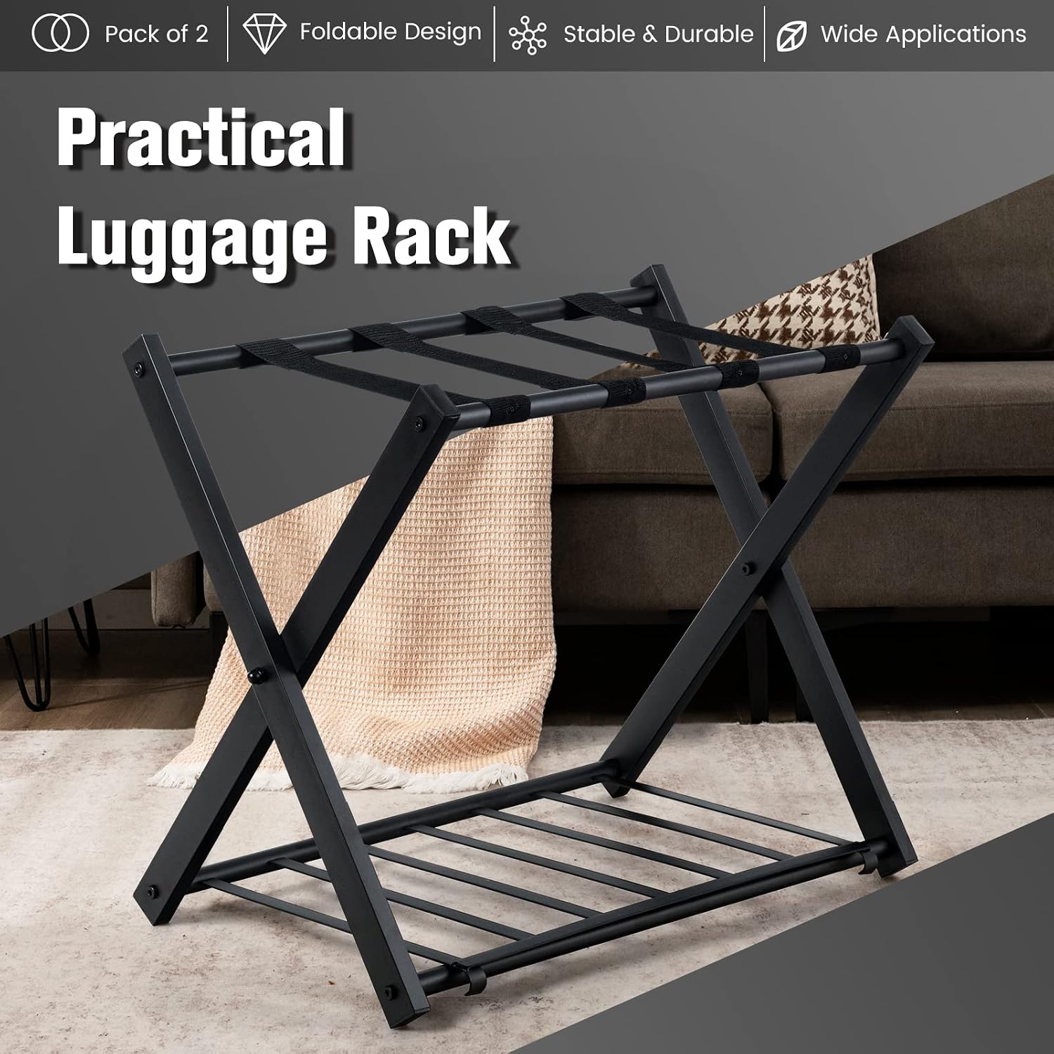S AFSTAR Folding Luggage Rack with Shoe Shelf, Metal Suitcase Stand, Portable Baggage Holder for Bedroom, Hotel, Guest Room, Black (Set of 2)