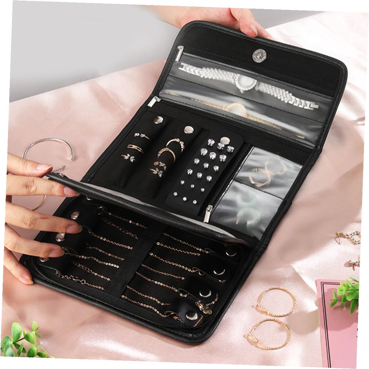 TOYANDONA Faltbare Schmuckrolle aus Pu Material Kleiner Reise Schmuckorganizer mit Transparenten Taschen Weiche Innenfläche Platzsparender Schmuckbeutel für Reisen und Aufbewahrung