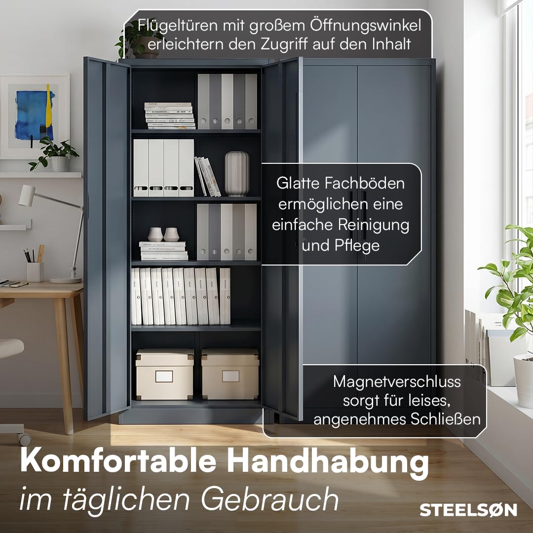 STEELSØN Regulus Metallschrank abschließbar – Stahlschrank mit 5 Ebenen – Werkzeugschrank mit Doppeltüren Anthrazit – Werkstattschrank mit verstellbaren Ablagen – Aktenschrank/Büroschrank Metall