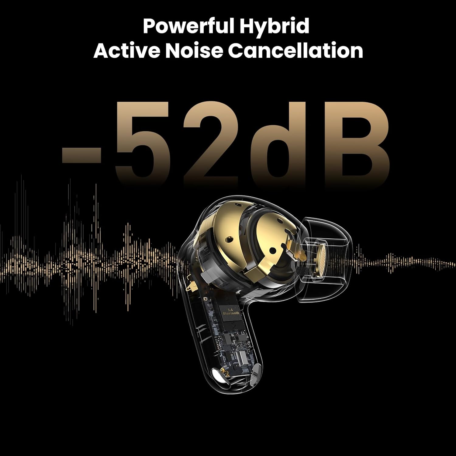 Graphic illustrating -52dB powerful hybrid active noise cancellation