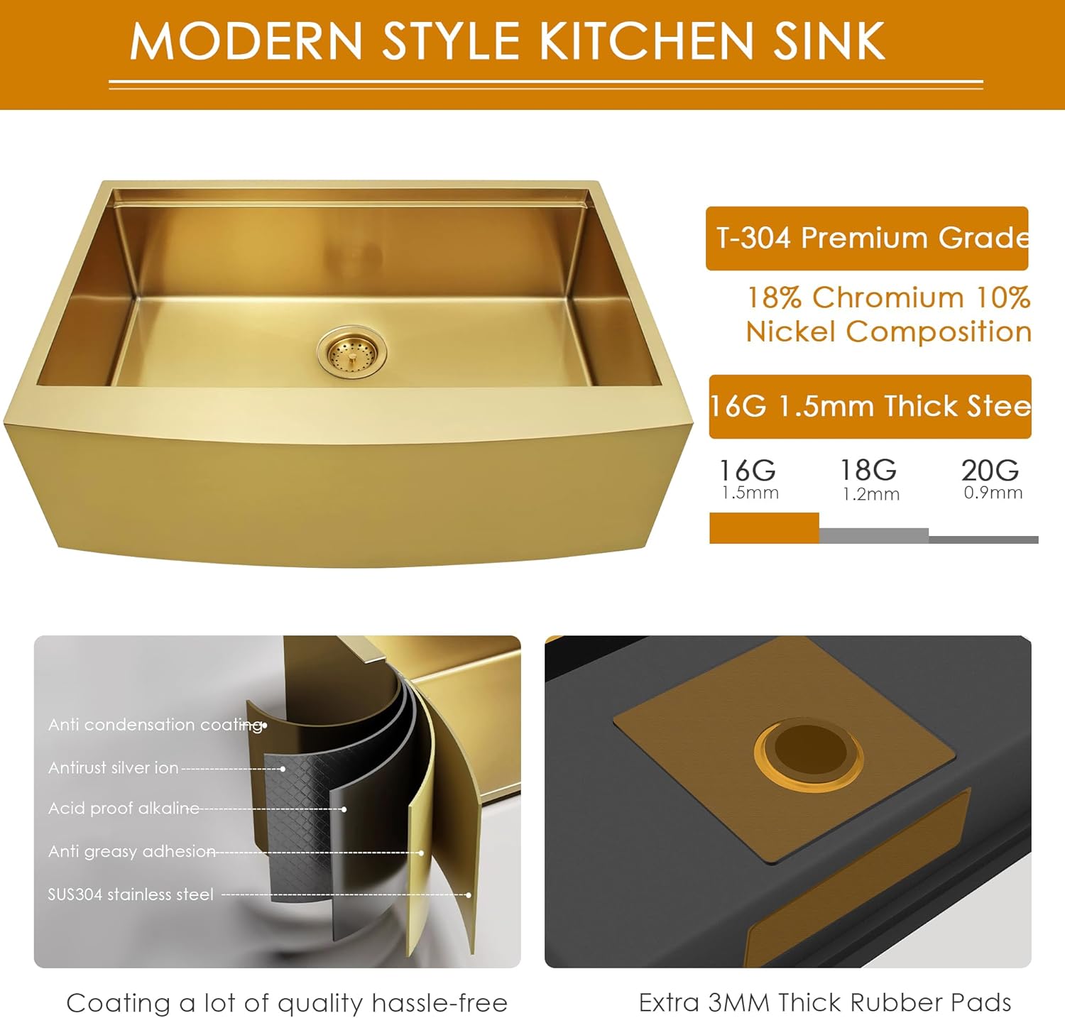 HEARCATE 33 Inch Luxury Gold Farmhouse Sink 16 Gauge Stainless Steel Workstation Undermount Apron Front Gold Kitchen Sink 10 Inch Deep Single Bowl Farm Sink