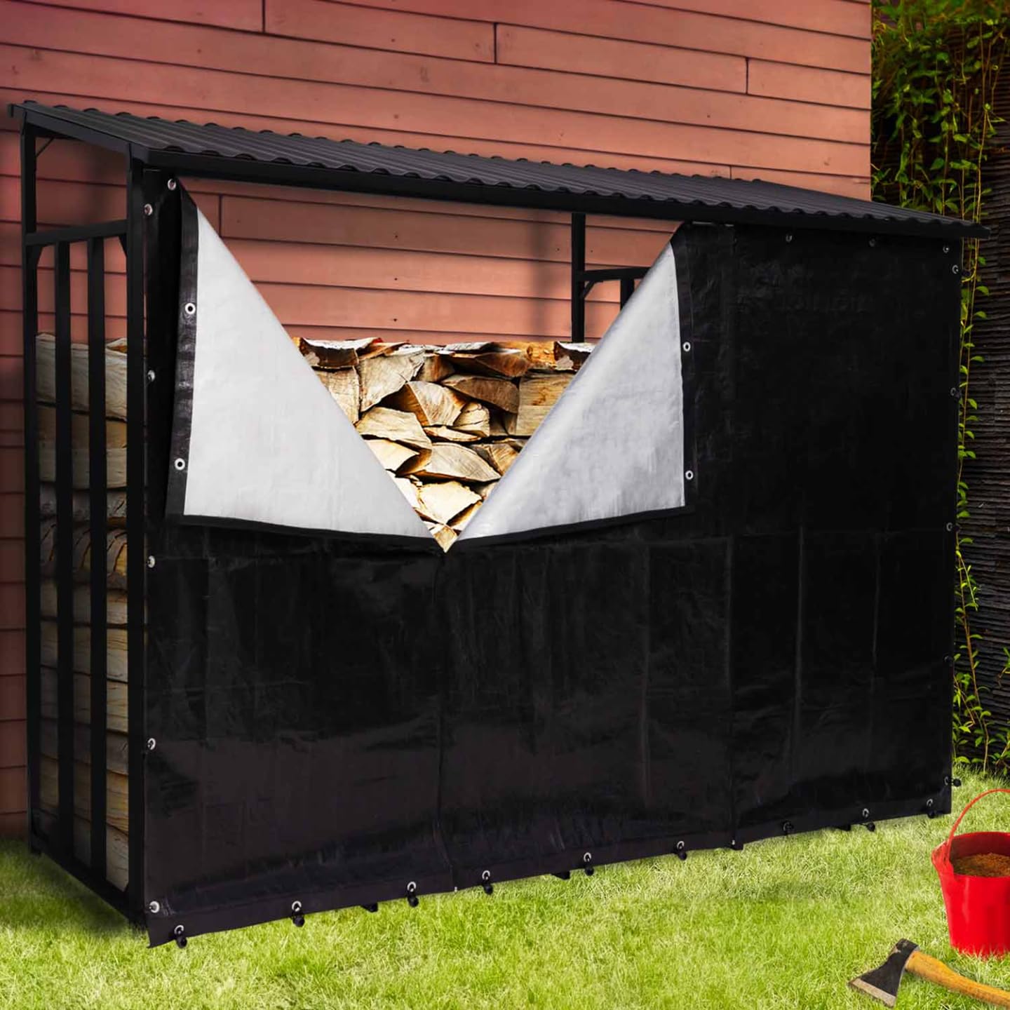 Abri de Stockage en Acier Galvanisé pour Bûches L. 274 cm avec Housse de Protection