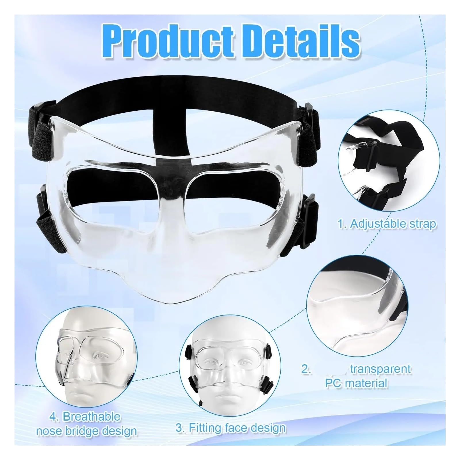 Máscara de Entrenamiento para Baloncesto Protector de Nariz Ajustable for Rota, máscara Deportiva protección Facial Transparente Transpirable for Baloncesto y fútbol