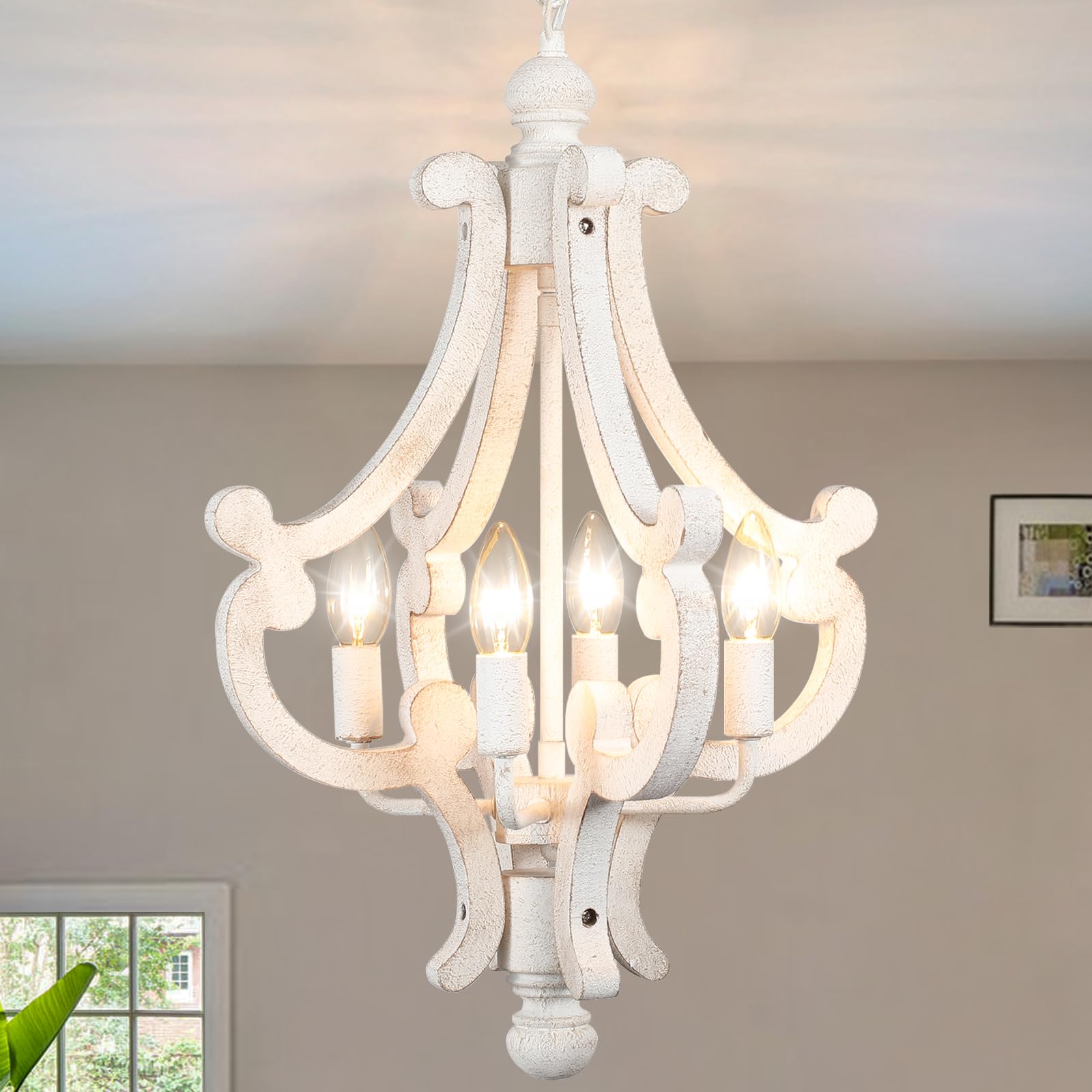 Wooden Farmhouse Chandelier 4 Lights Rustic Antique White Chandeliers for Dining Room French Country Chandelier Orb Pendant light Fixtures Hanging for Kitchen Living Room Foyer Bedroom Entryway