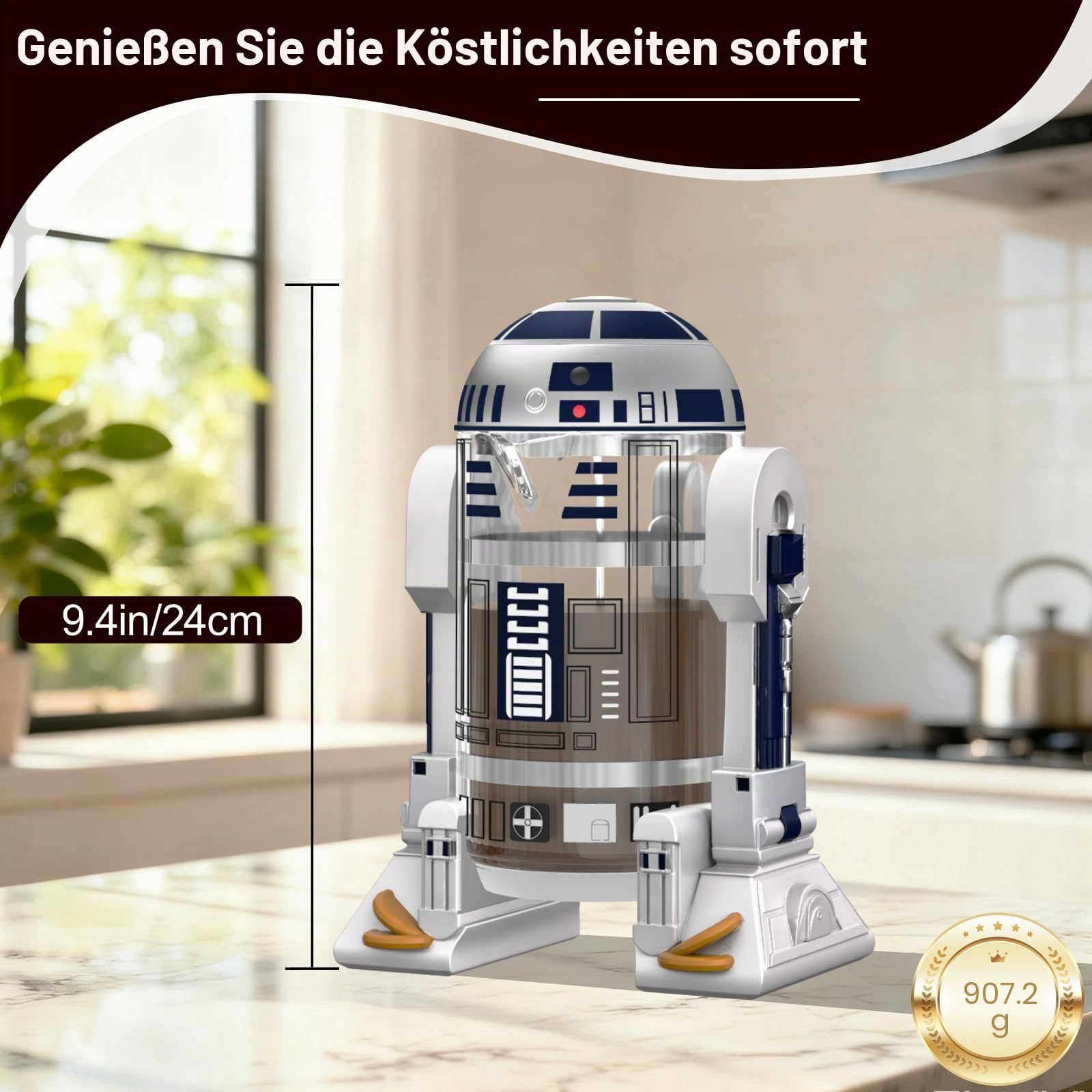 TEENKON French Press Isolierter Kaffeebereiter aus 304 Edelstahl, 900 ml, Roboter R2D2, Hand-Kaffeepresse, mit Filtersieb für Kaffee und Tee (weiß)