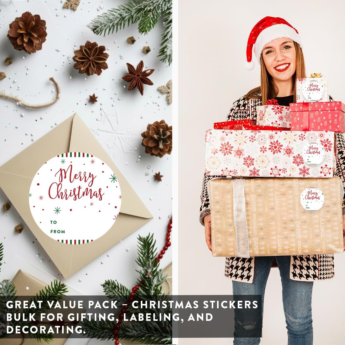 Andaz Press Merry Christmas Round Circle Gift Sticker Labels, Red Green Stripes and Snowflakes, To From Tags, 40-Pack - Image 6