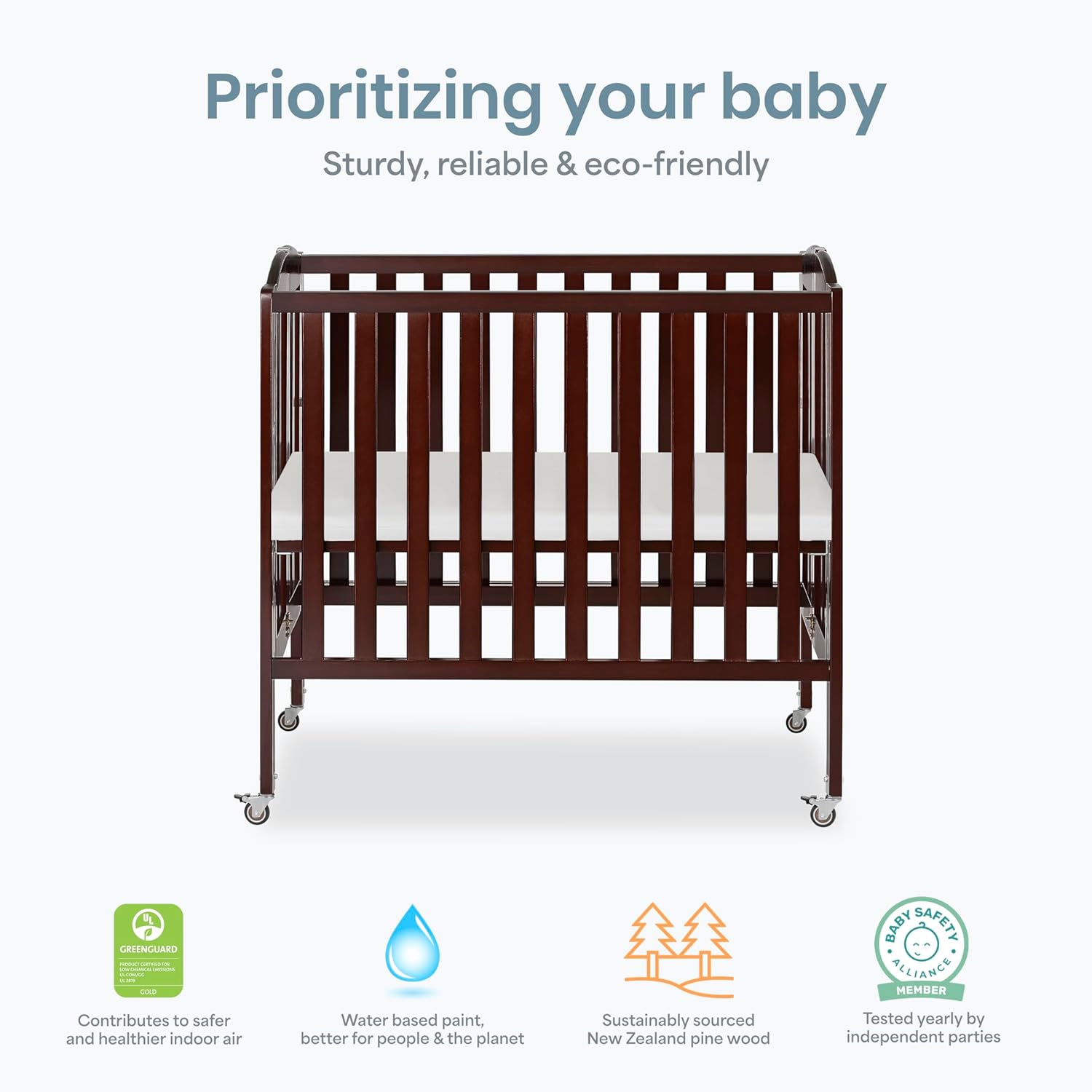 Dream On Me 3-in-1 Portable Folding Stationary Side Mini Baby Crib in Espresso & Mattress, GreenGuard Gold & JPMA, Use as Changer & Playpen, Locking Wheels, 3 Mattress Heights, Extra Firm Mattress