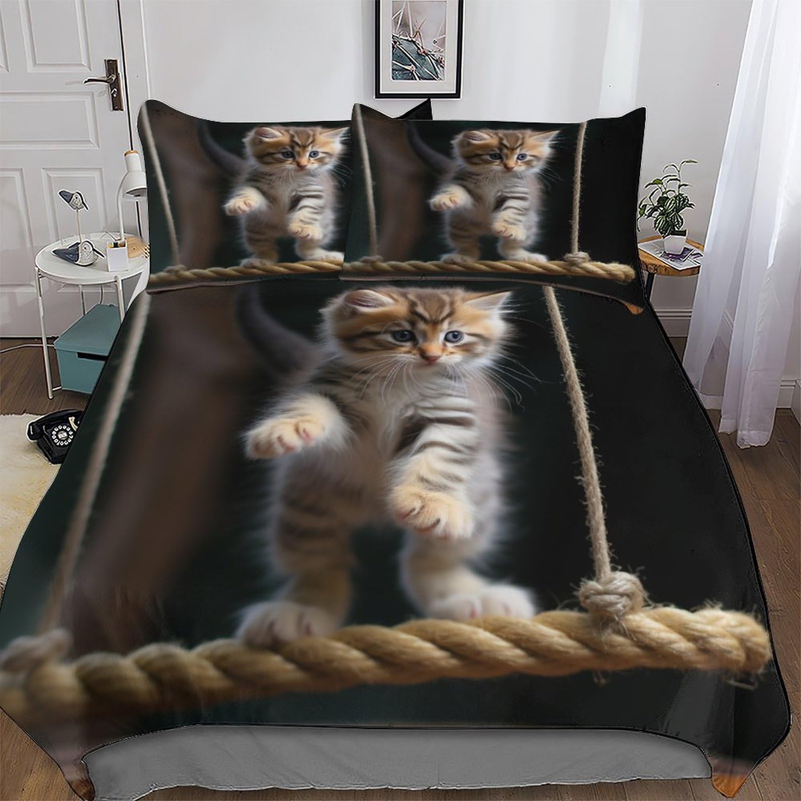 Housse de couette chat 3 pièces sans repassage pour lit double adulte