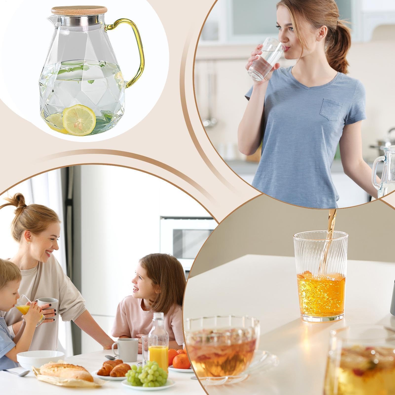 Glas-Wasserkrug – 2 Liter Glaskrug mit Deckel und Griff, großes Fassungsvermögen, Eisteekrug für kaltes Wasser, Tee, Kaffee, Saft, Getränke, Kühlschrank, Esstisch, Küche, Büro