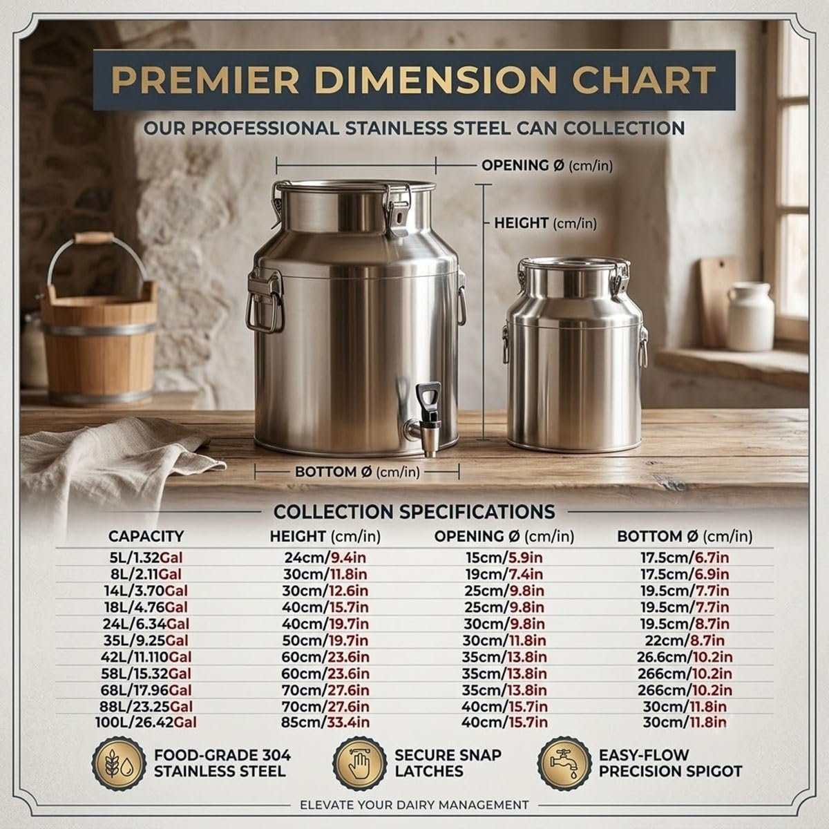 Cantarilla Lechera de Acero Inoxidable 15L con Tapa Estanca, Recipiente | Metálico Multiusos para Leche, Vino, Cerveza, Aceite y Almacenamiento de Alimentos(No faucet,42L/11.10Gal)