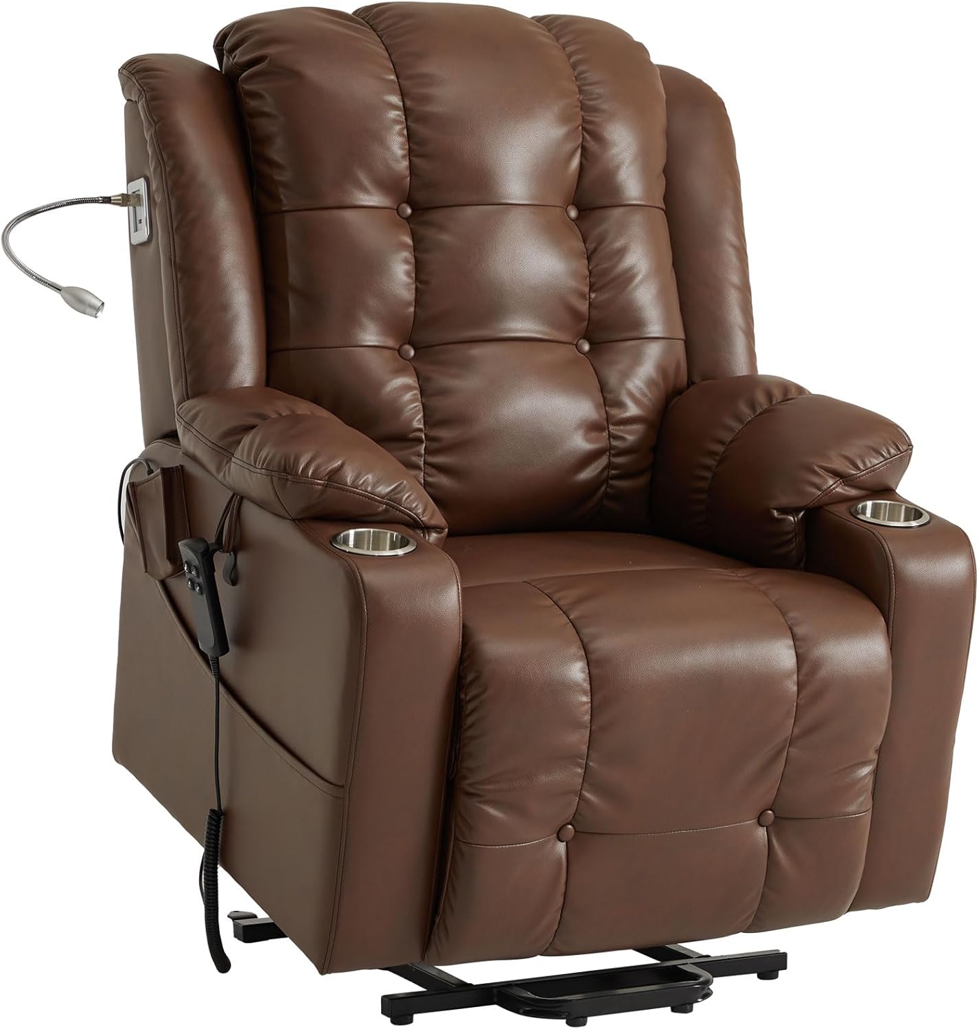 Creatuis Large Lift Recliner Chair for Elderly with Massage and Heat Lay Flat Dual Motor Electric Power Lift Chair LED Reading Light USB Port Cup Holders Side Pocket Faux Leather (Brown)