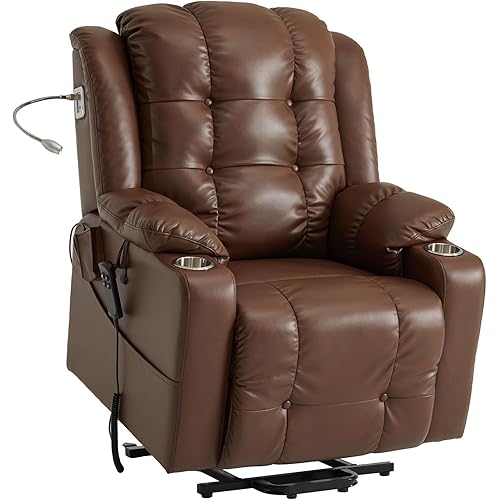 Creatuis Large Lift Recliner Chair for Elderly with Massage and Heat Lay Flat Dual Motor Electric Power Lift Chair LED Reading Light USB Port Cup Holders Side Pocket Faux Leather (Brown)