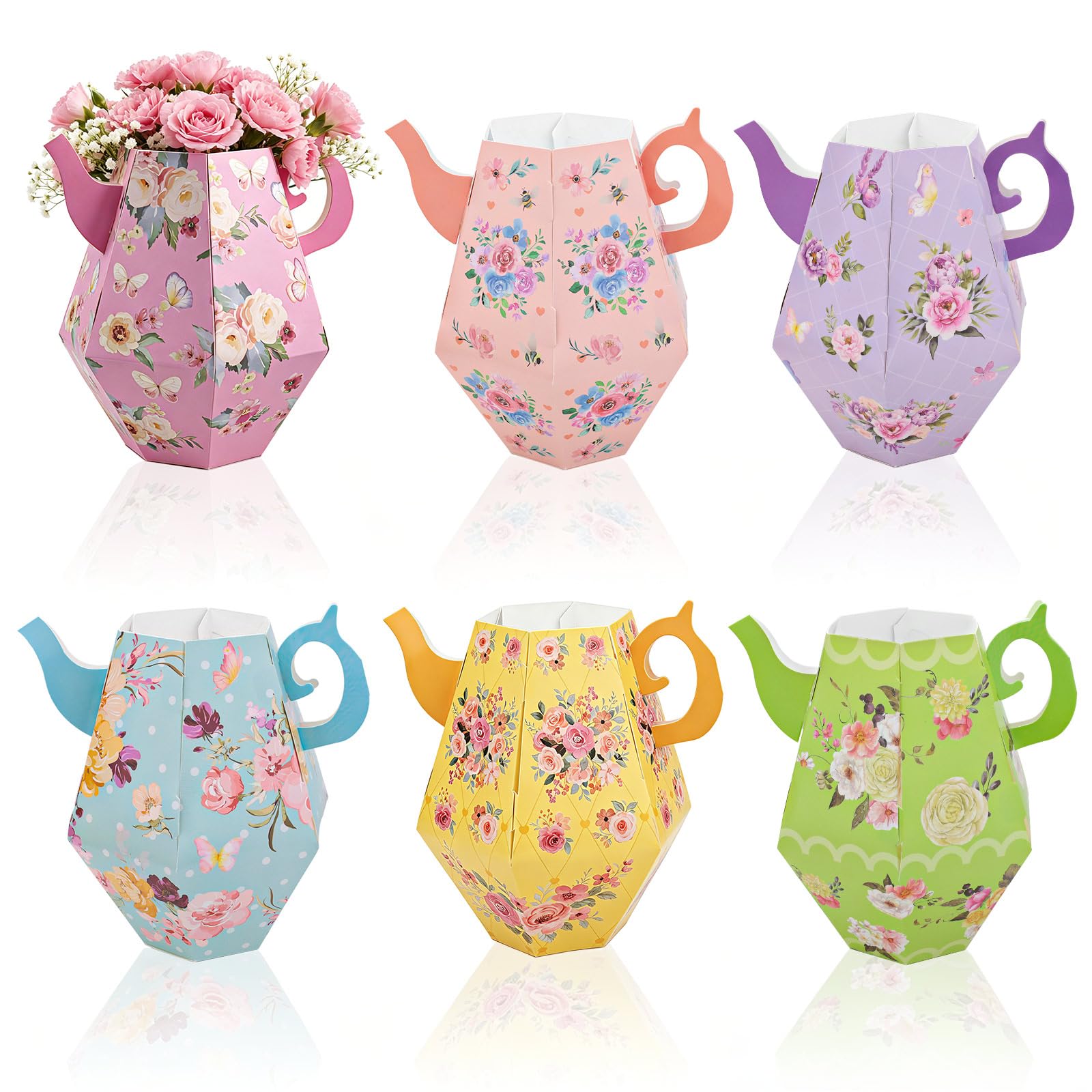 12 Pack Tea Party Decorations, 6 Styles Floral Paper Teapot Centerpieces