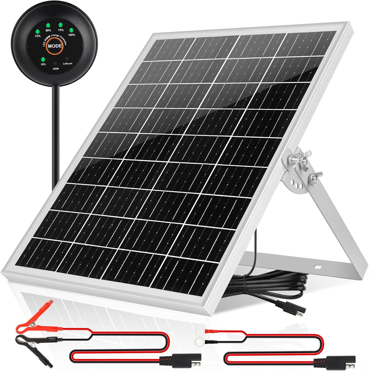 Solar Panel Kit 25W 12V Solar Battery Trickle Charger Maintainer, Built-in Waterproof PMW Controller, Adjustable Mount Bracket for Car Automotive Boat Marine RV Trailer 12V Battery