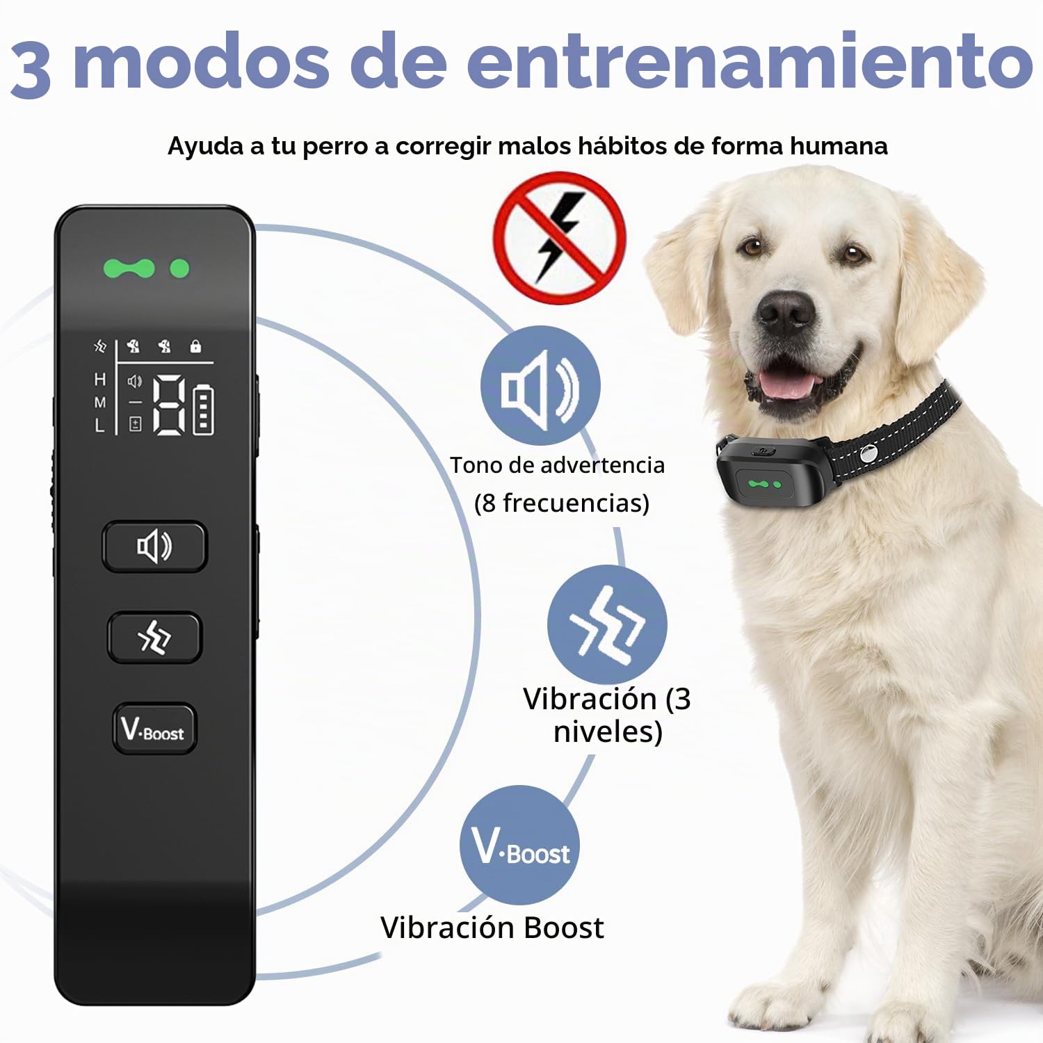 Collar de adiestramiento para perros, 3 modos de pitido/vibración/vibración potenciada, alcance 792m, recargable, impermeable IP67, collar antiladridos con mando a distancia para perros de todos los