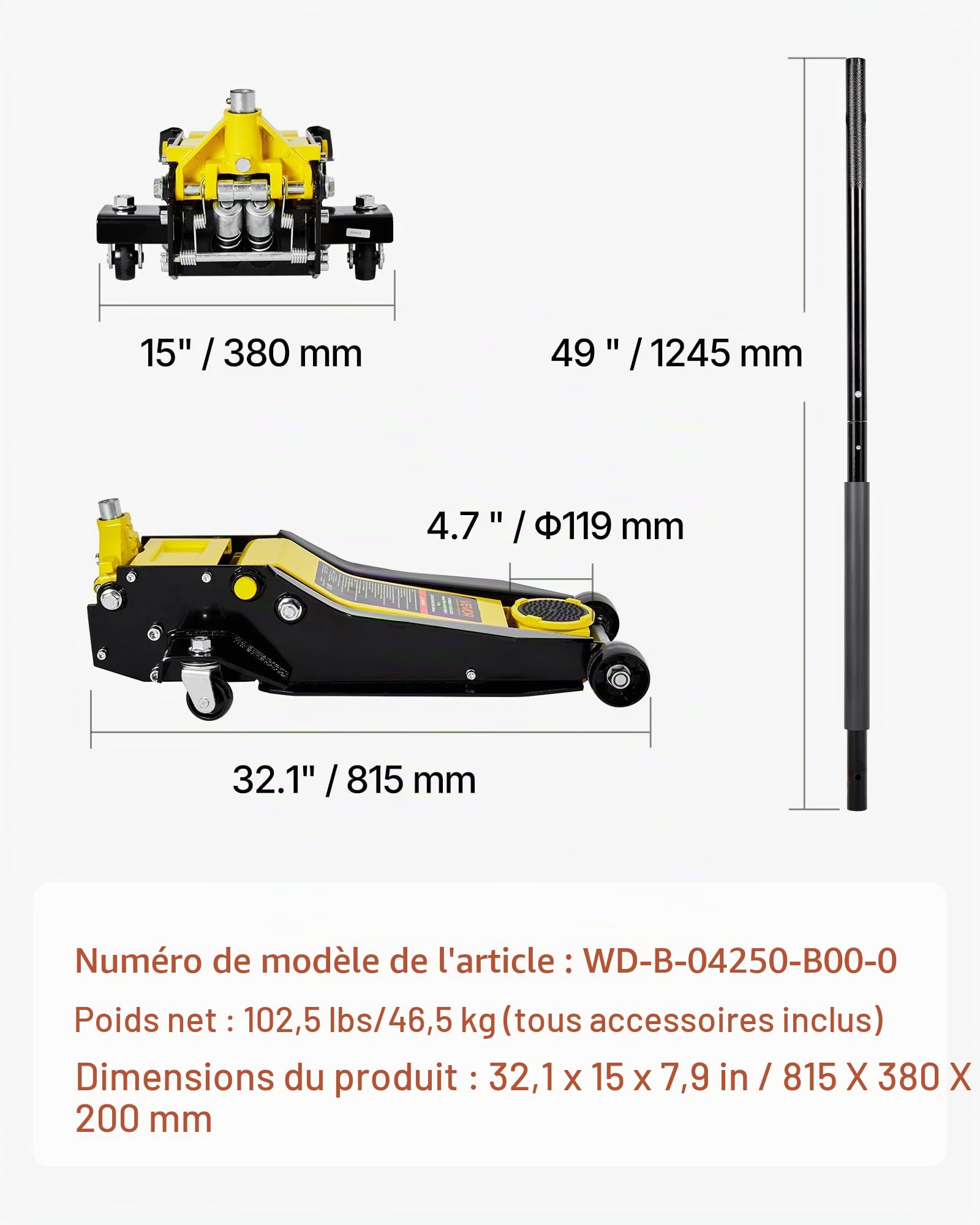 VEVOR Cric Hydraulique Rouleur 4 tonnes, Cric de Plancher à Profil Bas avec Plage de Levage 10-54,5 cm, Pompe de Levage Rapide à Double Piston, pour Lever Camion SUV Entretien Automobile Atelier