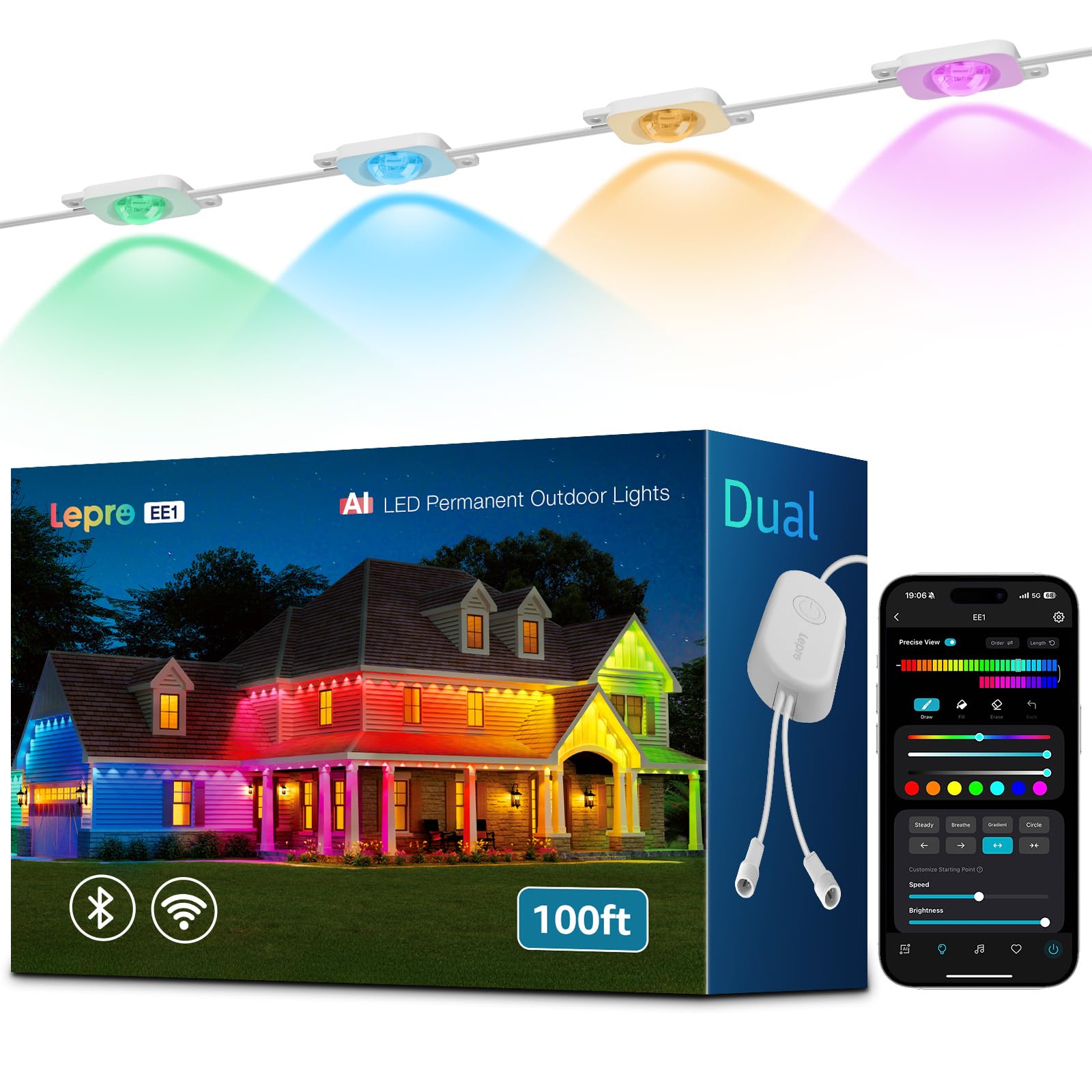 Lepro Rgb Ee1 Ai Permanent Outdoor Lights 30M, Smart Outdoor Christmas Lights Waterproof, Colour Changing Eaves Lighting 100Ft, Personalized Ai Lighting Designer, Works With Alexa, 2.4Ghz Wifi, No Remote