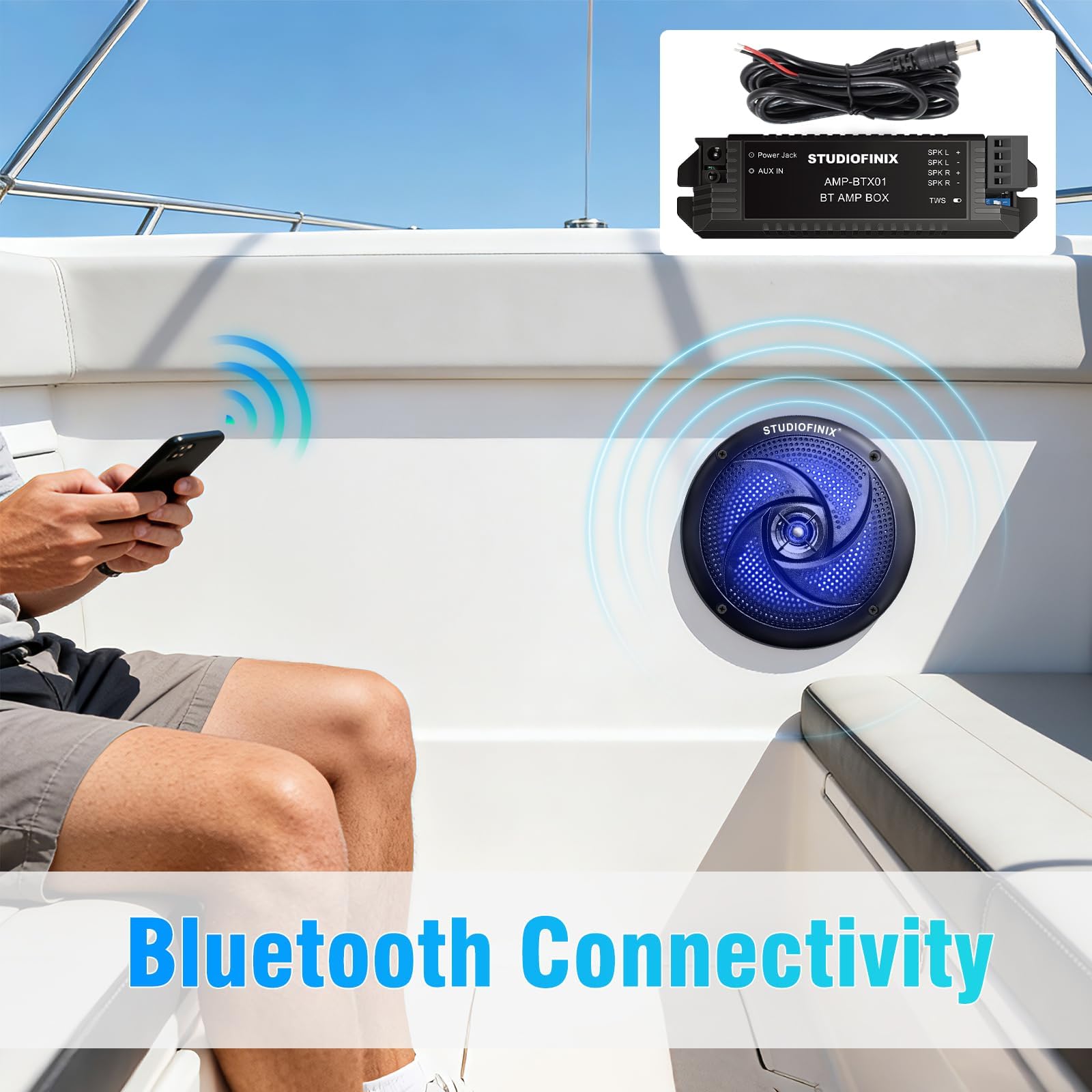 STUDIOFINIX 6,5" 240W Bluetooth wasserdichte Marine-Lautsprecher, 2-Wege wetterfest mit LED-Leuchten, schlank flach, für Boot, Wohnmobil, ATV, UTV, Golfcart (1 Paar, Schwarz)