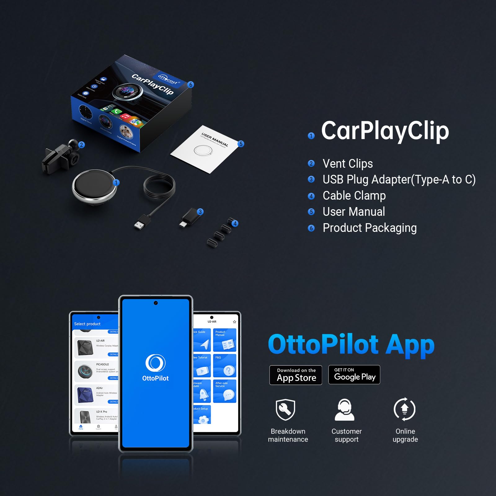 OTTOCAST Adattatore Carplay Wireless Clip, Dongle Wireless CarPlay Plug & Play con Display Elettronico può Mostrare Orologio Immagini Copertina di Album Musicali Compatibile con Auto con Wired CarPlay