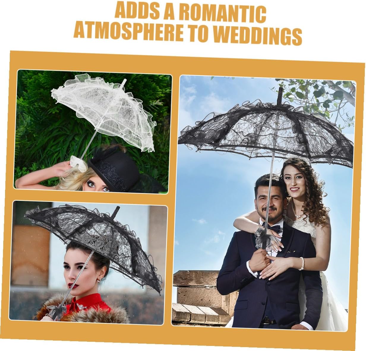 2pcs Vintage Lace Bridal Parasol Umbrellas for Women and Wedding Photography Props Black and White Decorative Tea Party Stick Umbrellas