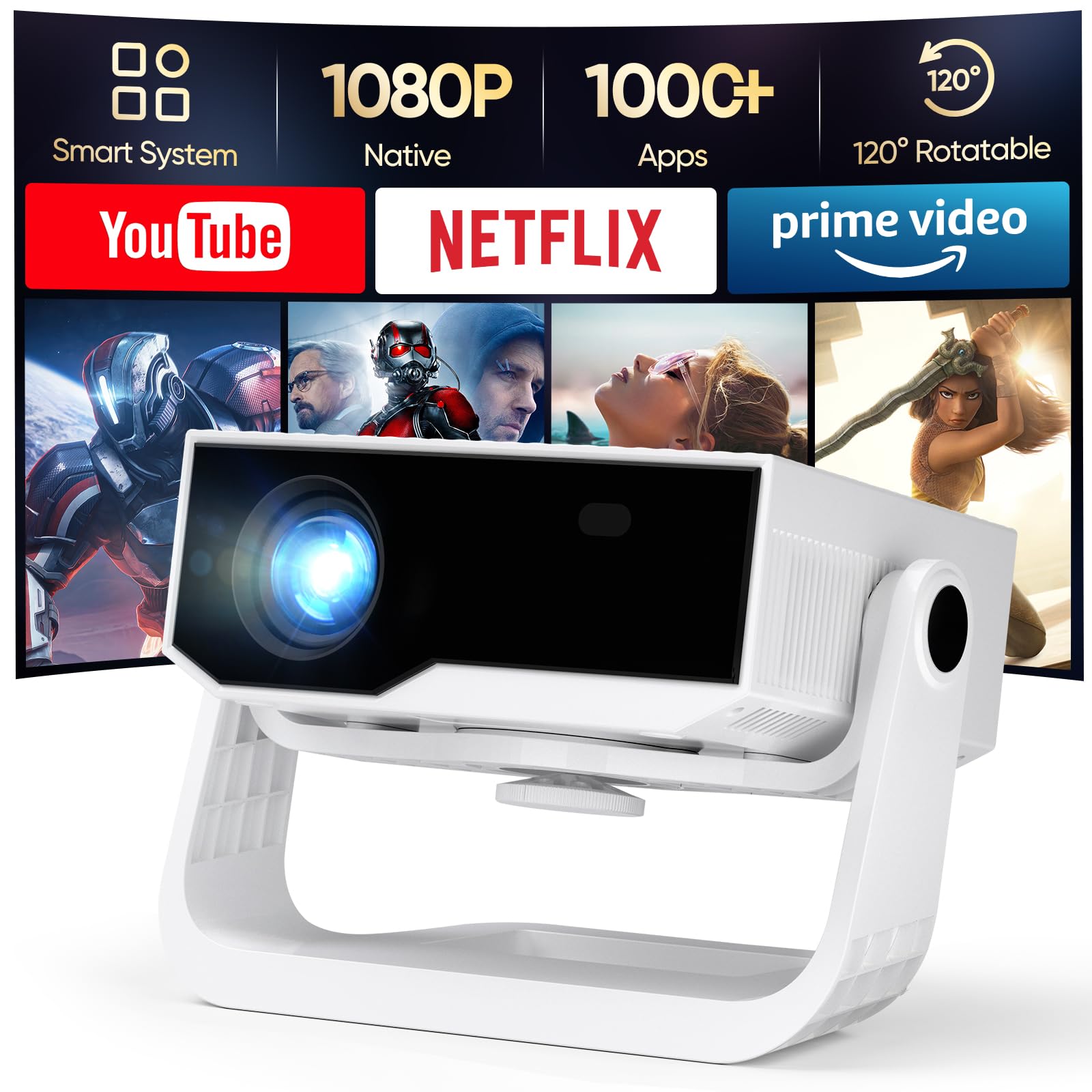 2025 Neuer Smart Beamer 4K Unterstützung, Android 11, Full HD 1080P, 25000 Lumens, WiFi 6 & BT 5.2, 120° Verstellbarer Ständer, Elektrischer Fokus, Trapezkorrektur, Heimkino Beamer für Switch/PS5