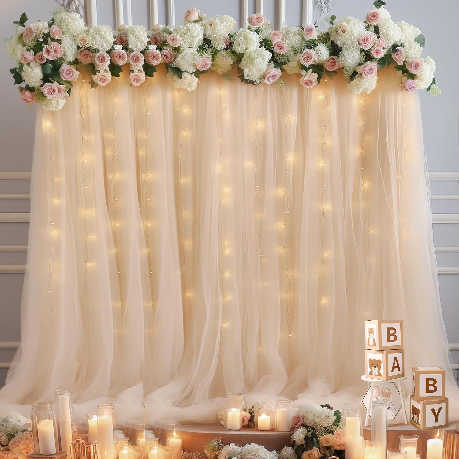 20×8ft Champagne Tulle Curtain Backdrop with Lights String for Parites, Sheer Backdrop Curtain Drapes for Wedding Photo Baby Shower Photography Birthday Party