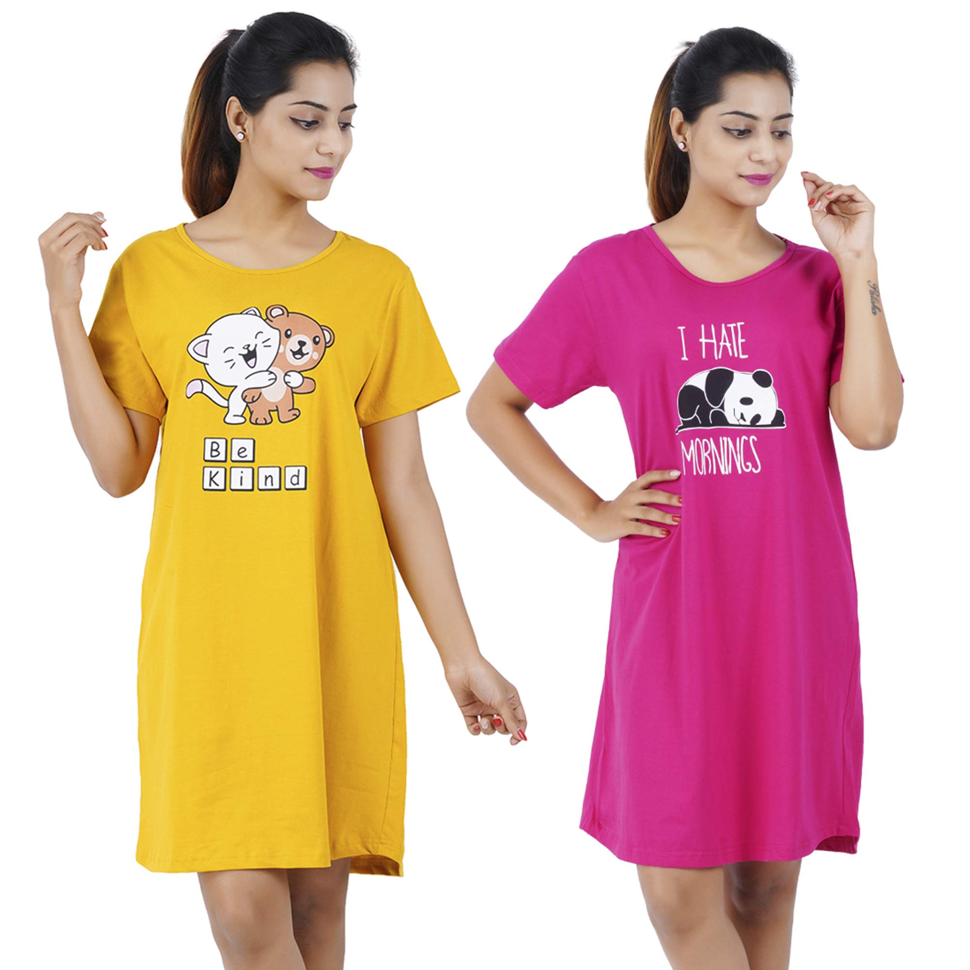 Buy That Trendz Printed Cotton Short Night Dress for Women 2 Pcs Combo Be Kind Navy Do not Disturb Red