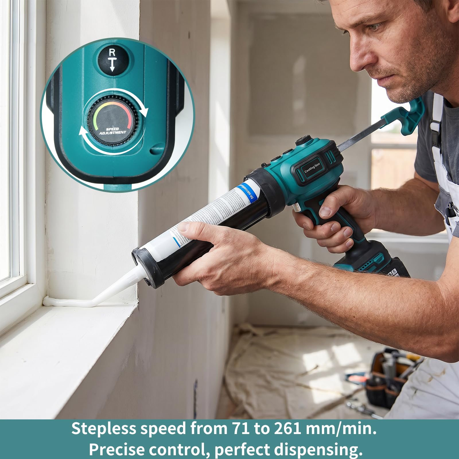 Pistola Silicona Transmisión Continua, Rango De Velocidad 71-261mm/Min, Pistola Silicona Profesional Diseño Anti-Goteo, Con Luz LED, Compatible Con Batería Makita 18v (Serie B)