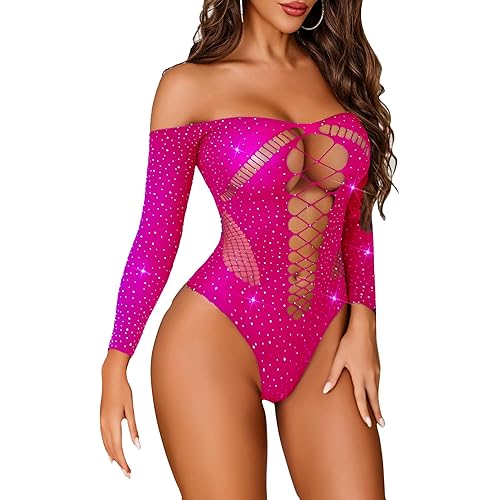 Avidlove Womens Rhinestone Bodysuit Sparkle Fishnet Lingerie Sexy Outfit Mesh bodysuit Teddy lingerie