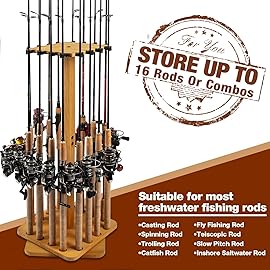 Ghosthorn Fishing Rod Holders for Garage 360 Degree Rotating Fishing Pole Rack, Floor Stand Holds up to 16 Rods Wood Fishing Gear Equipment Storage Organizer, Fishing Gifts for Men Women